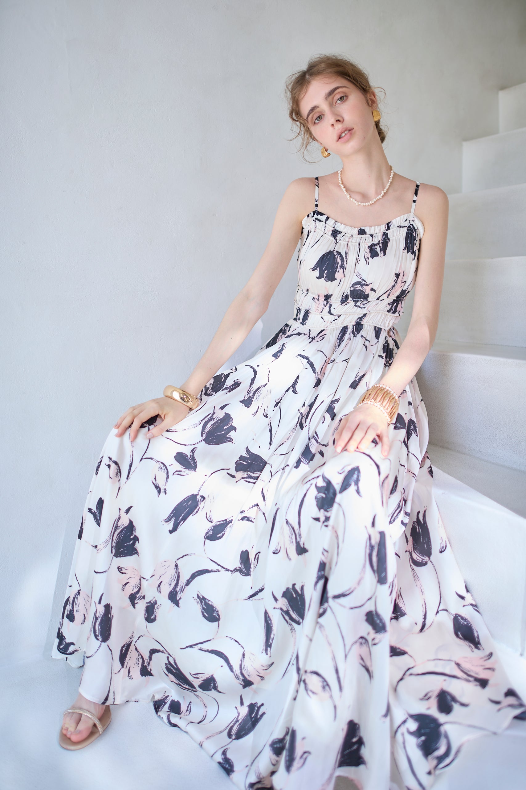 Julia Satin print Long Dress<br> -Pink.print-