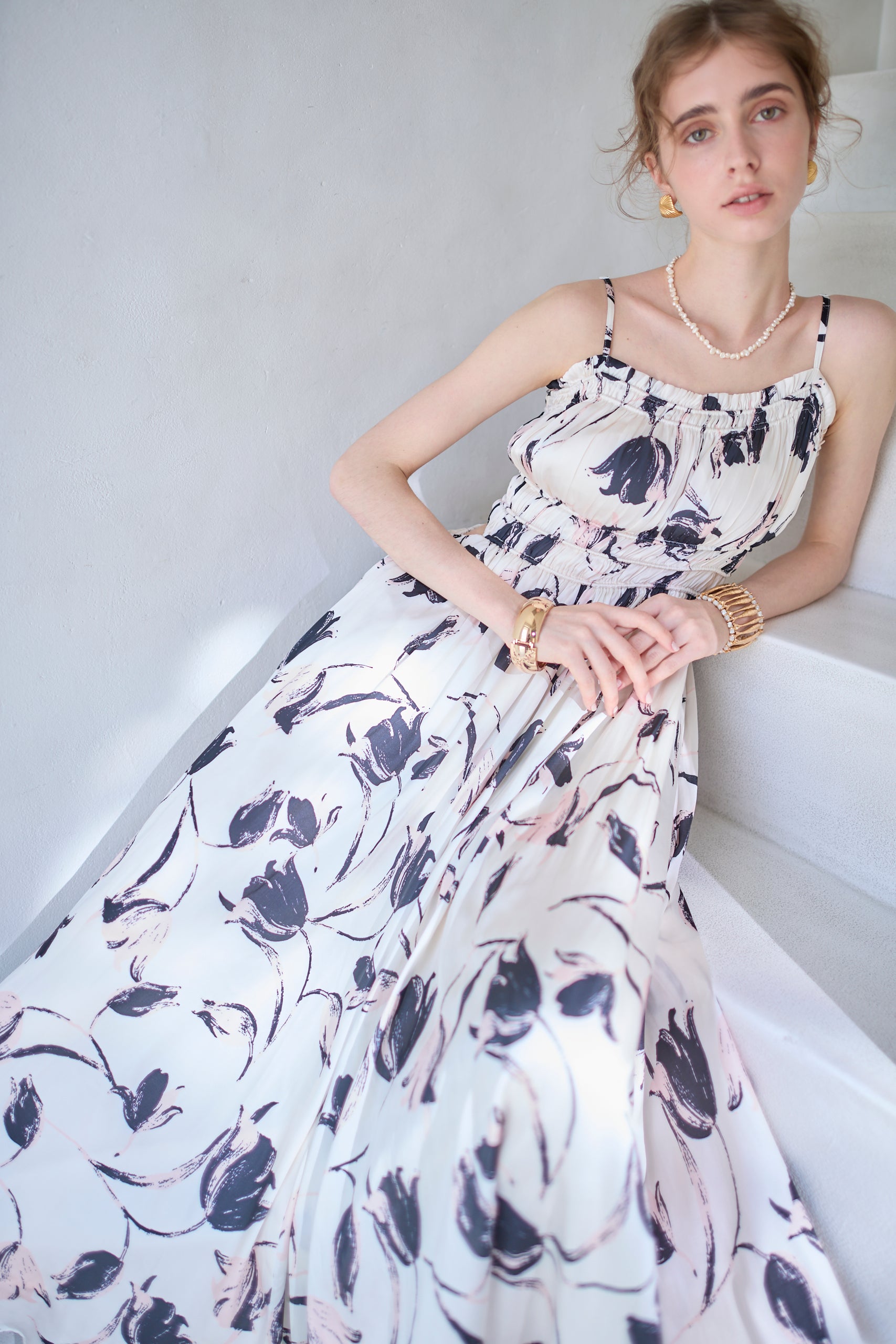 Julia Satin print Long Dress<br> -Pink.print-