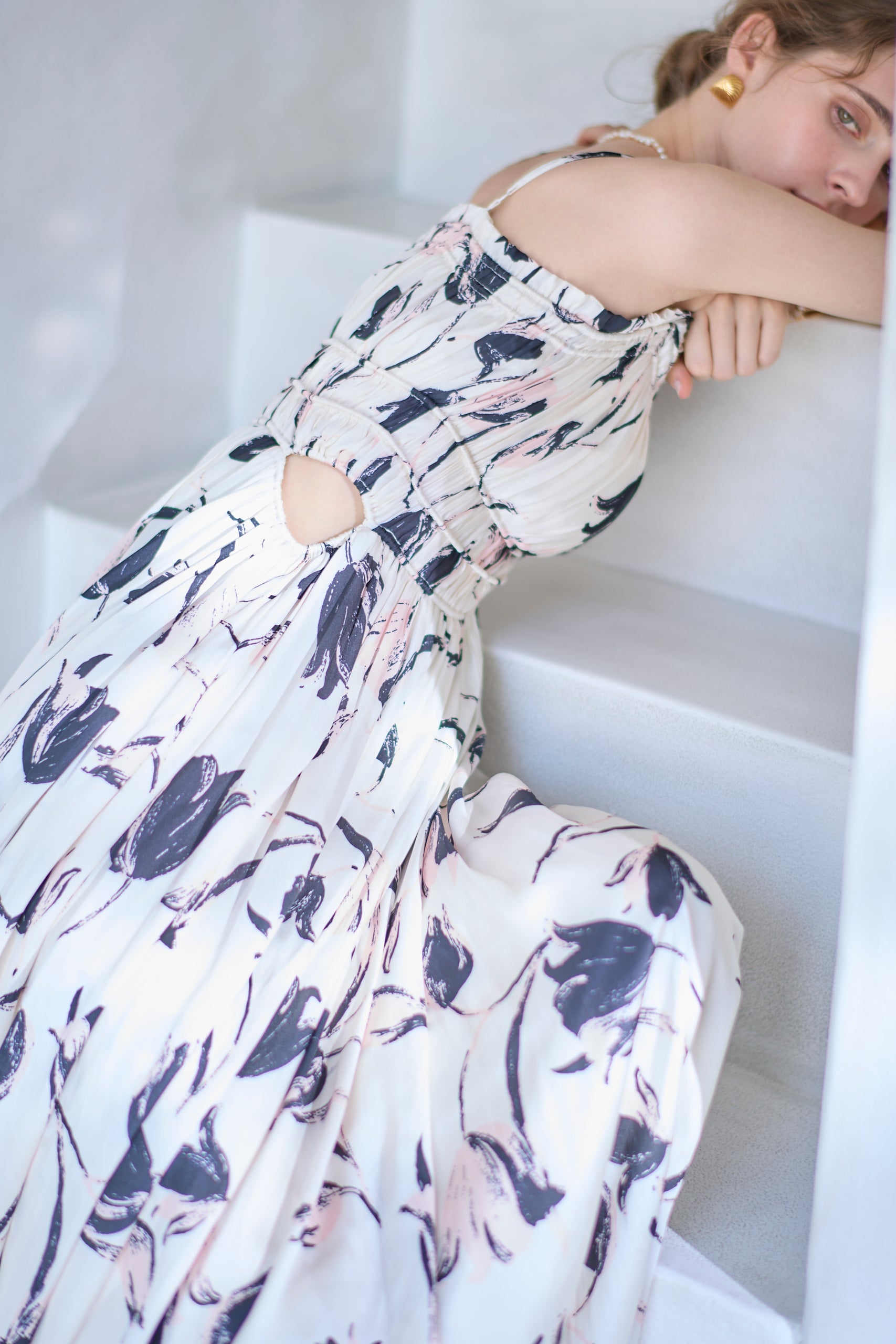Julia Satin print Long Dress<br> -Pink.print-