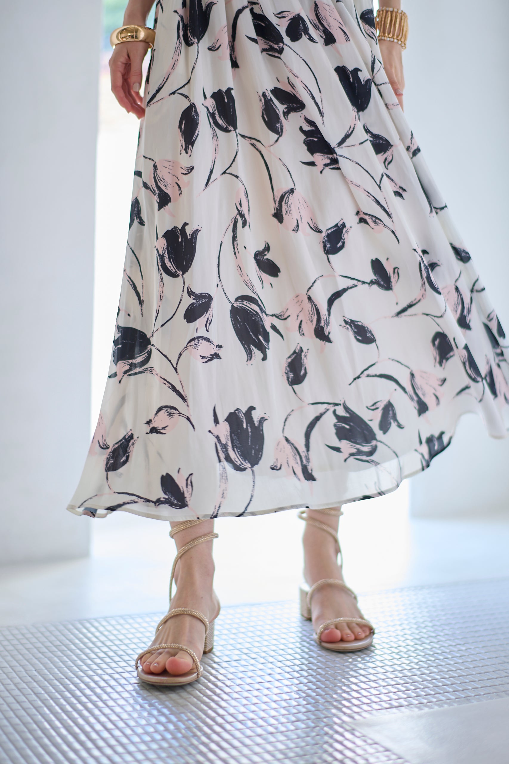 Julia Satin print Long Dress<br> -Pink.print-