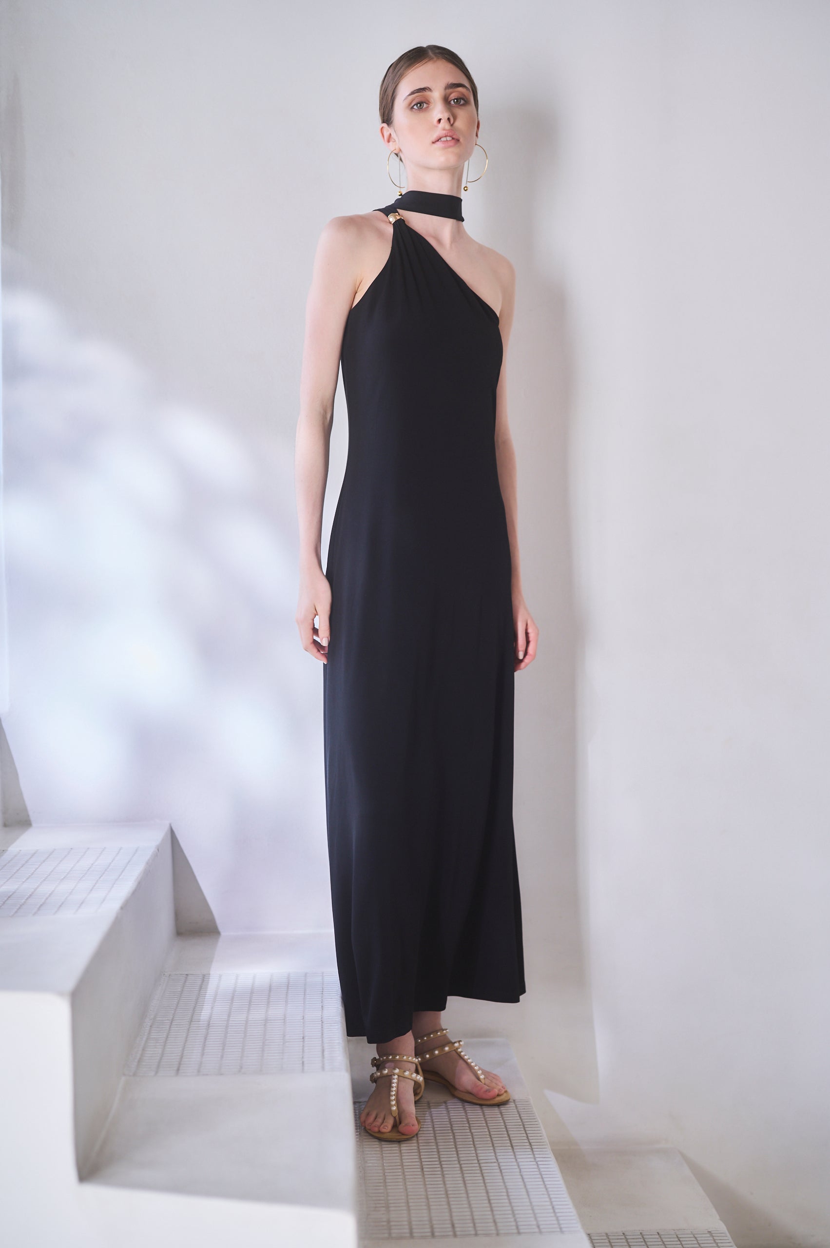 【Michiko Yamawaki×Estella.K】One-shoulder jersey dress <br>-Black-