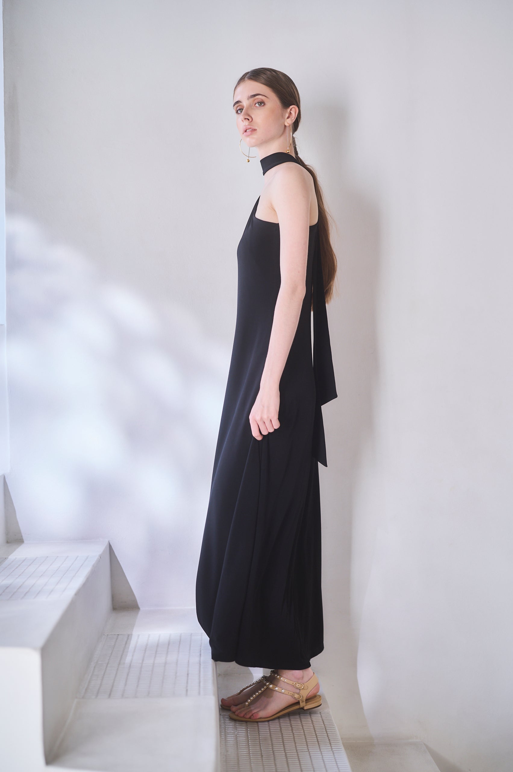 【Michiko Yamawaki×Estella.K】One-shoulder jersey dress <br>-Black-