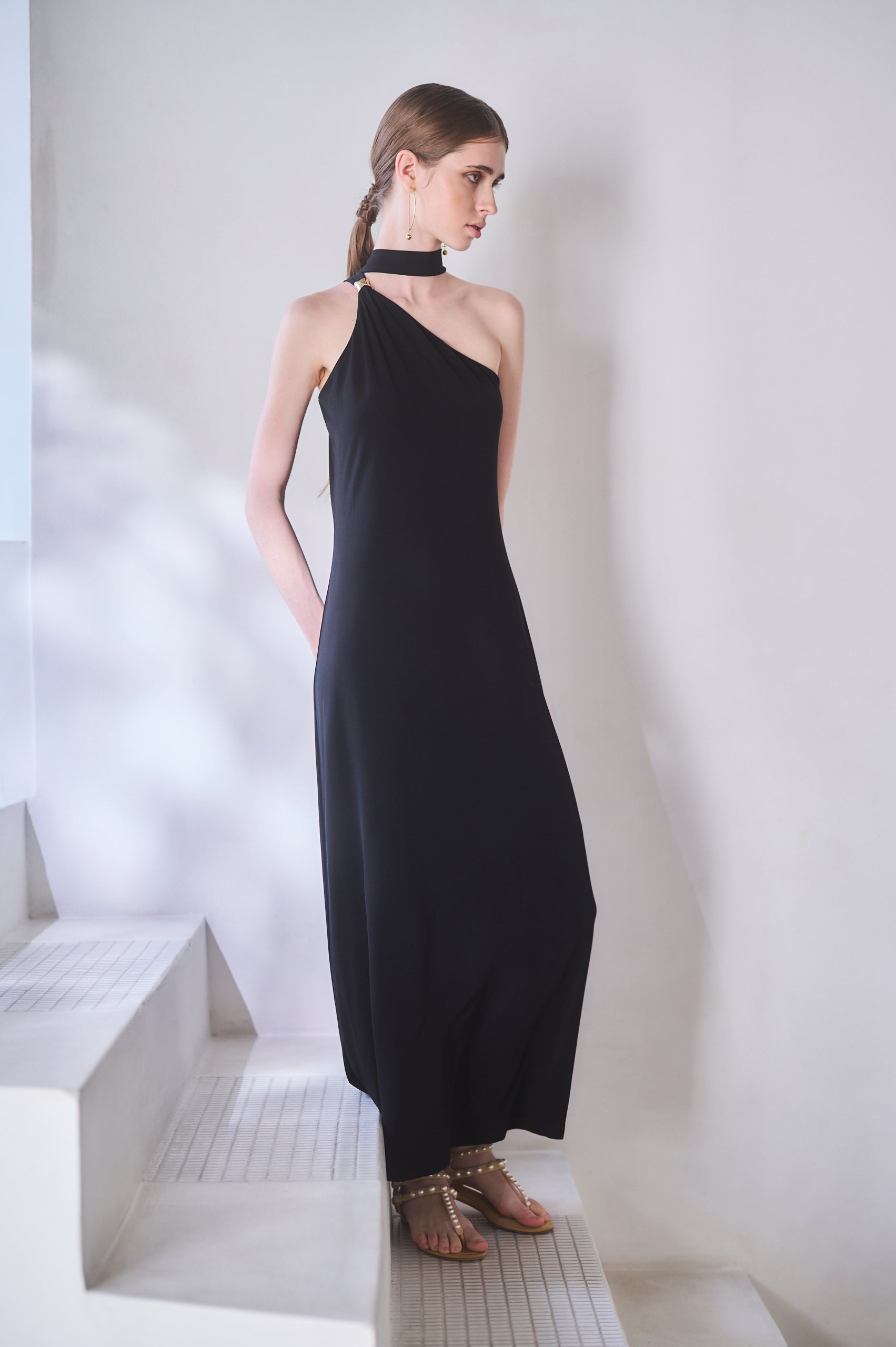 【Michiko Yamawaki×Estella.K】One-shoulder jersey dress <br>-Black-