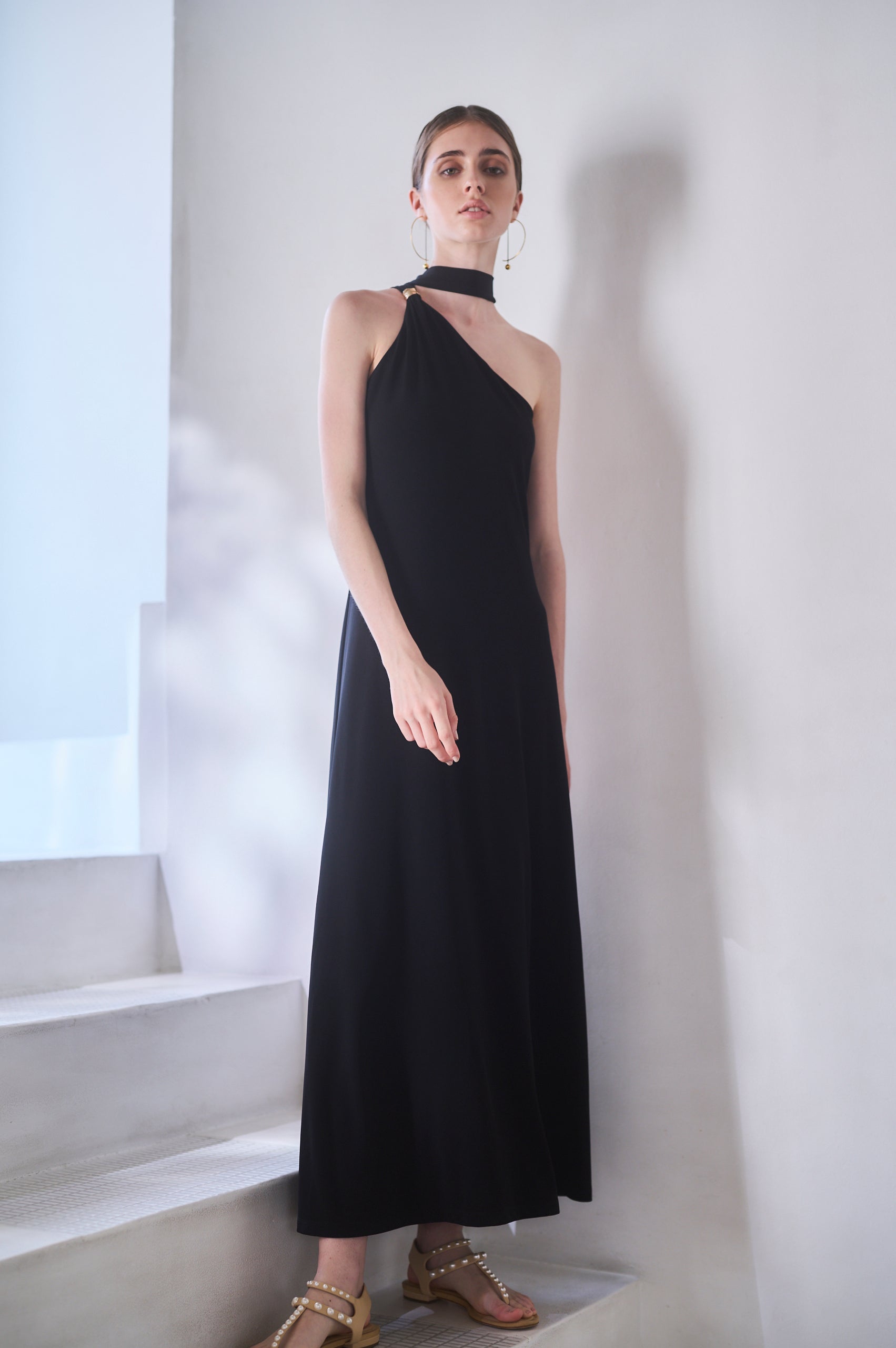 【Michiko Yamawaki×Estella.K】One-shoulder jersey dress <br>-Black-