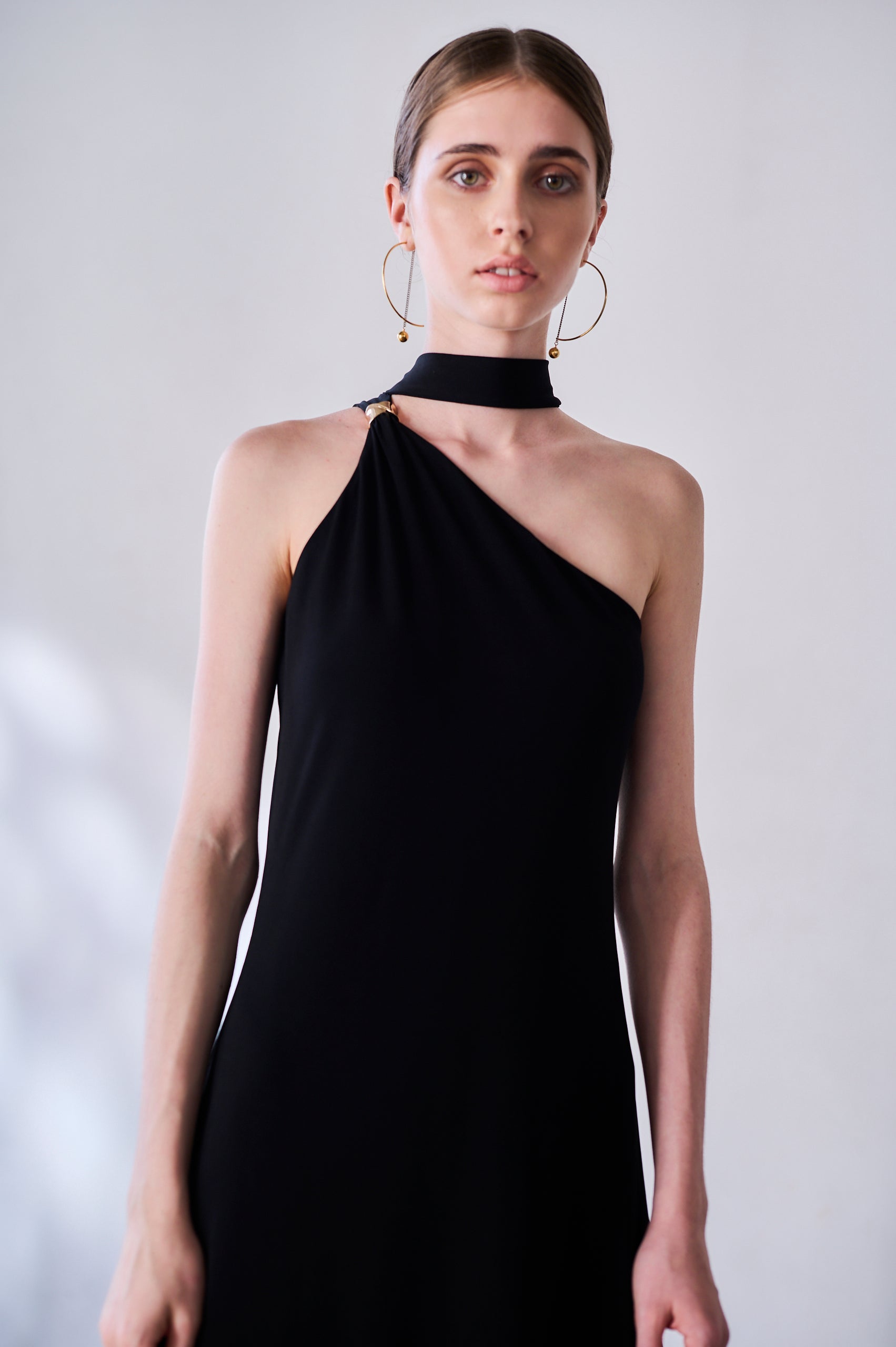 【Michiko Yamawaki×Estella.K】One-shoulder jersey dress <br>-Black-