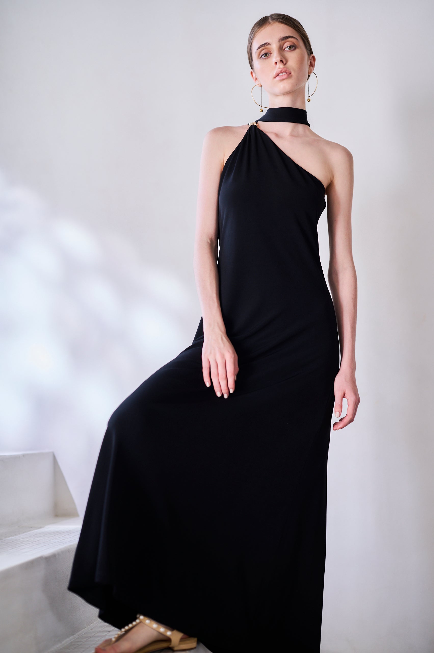 【Michiko Yamawaki×Estella.K】One-shoulder jersey dress <br>-Black-