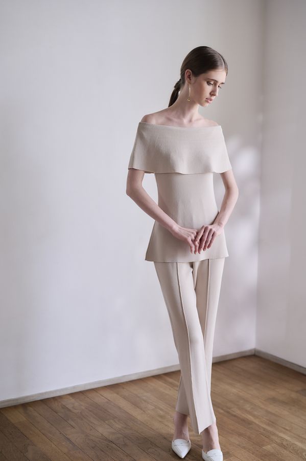 【Michiko Yamawaki×Estella.K】Off-Shoulder Knit Set <br>-Greige-  S/M 2size