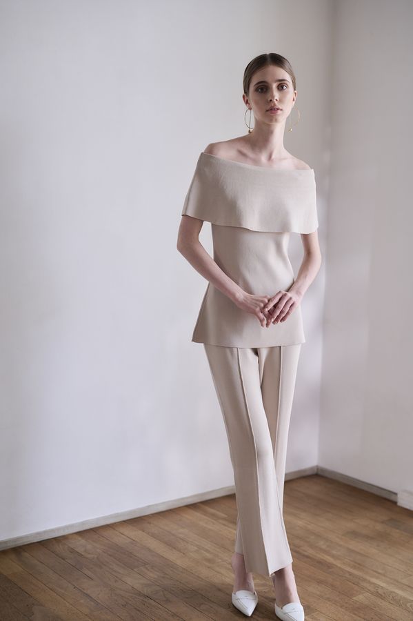 【Michiko Yamawaki×Estella.K】Off-Shoulder Knit Set <br>-Greige-  S/M 2size