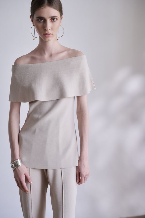 【Michiko Yamawaki×Estella.K】Off-Shoulder Knit Set <br>-Greige-  S/M 2size