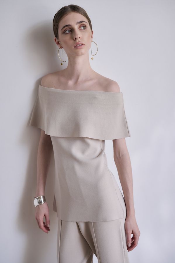 【Michiko Yamawaki×Estella.K】Off-Shoulder Knit Set <br>-Greige-  S/M 2size