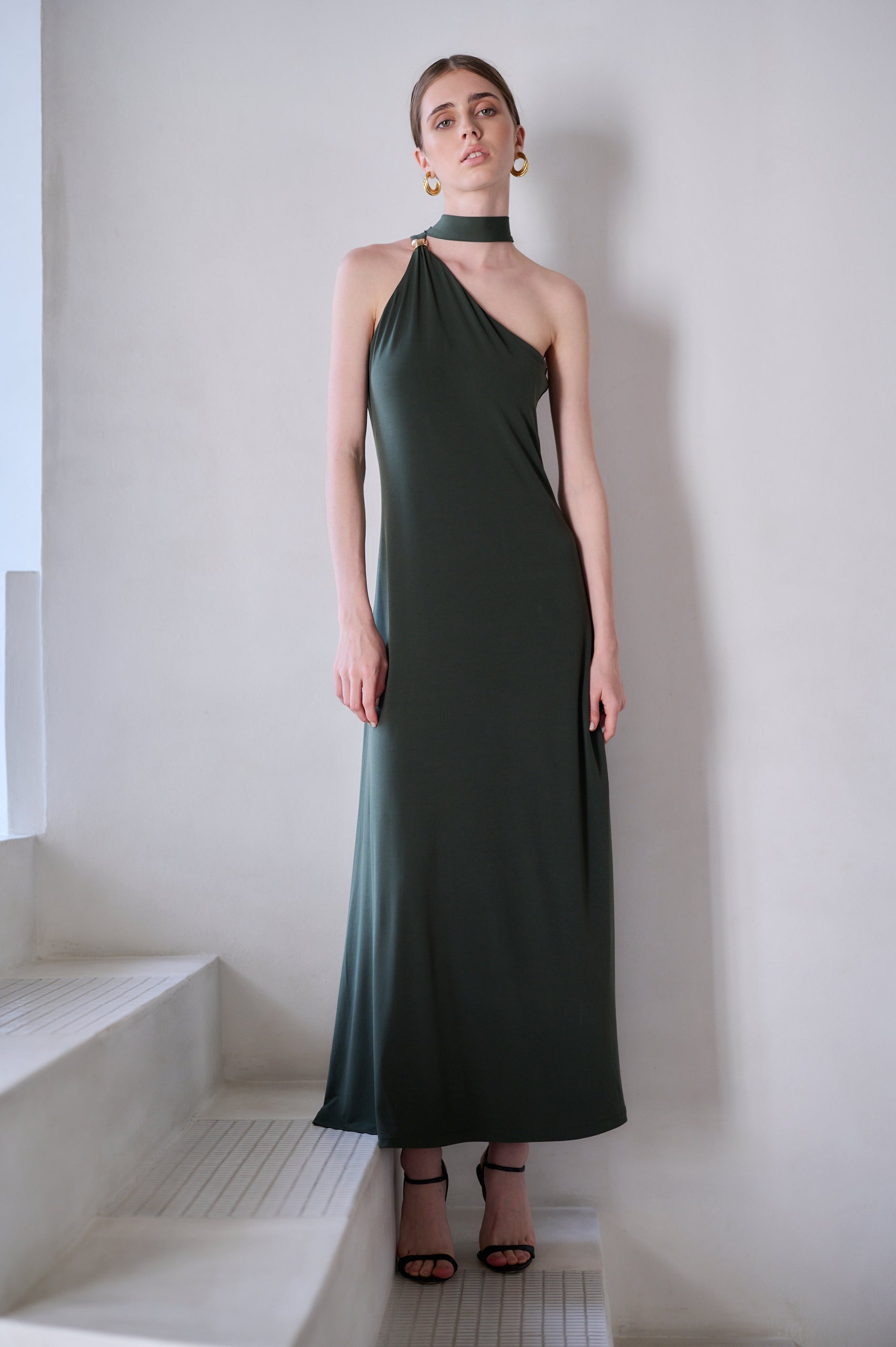 【Michiko Yamawaki×Estella.K】One-shoulder jersey dress <br>-Mauve green-