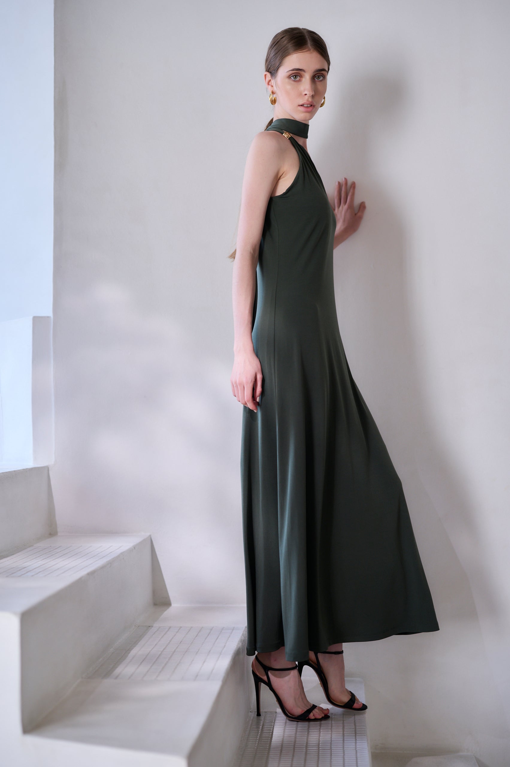 【Michiko Yamawaki×Estella.K】One-shoulder jersey dress <br>-Mauve green-