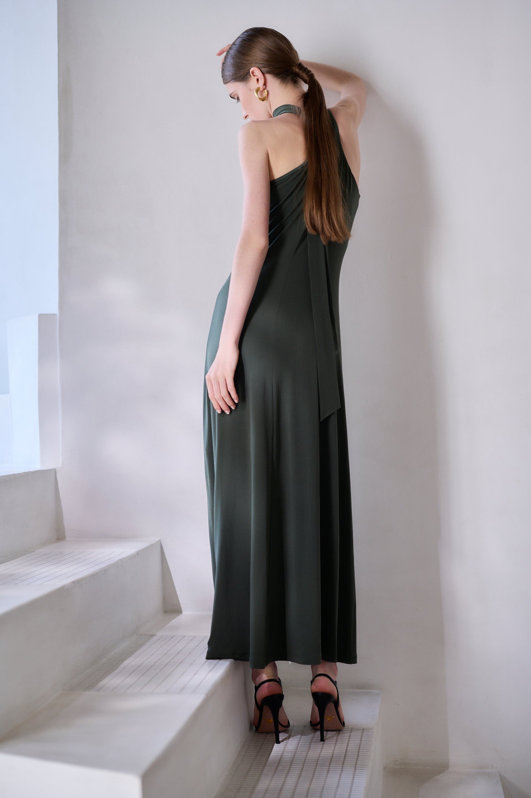 【Michiko Yamawaki×Estella.K】One-shoulder jersey dress <br>-Mauve green-