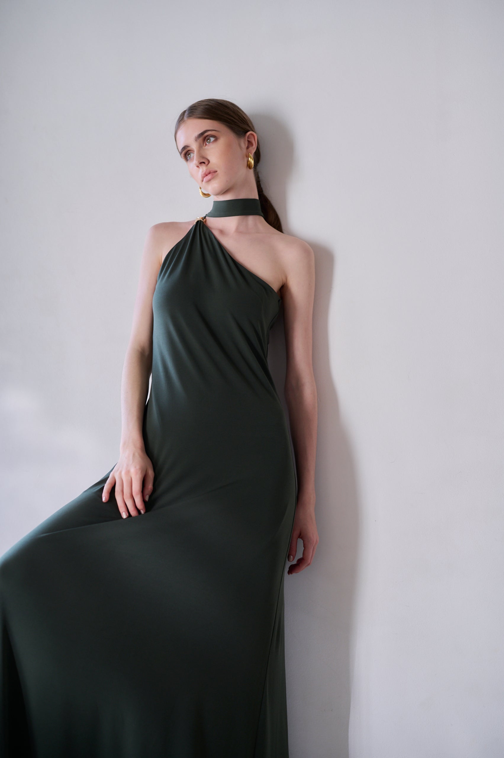 【Michiko Yamawaki×Estella.K】One-shoulder jersey dress <br>-Mauve green-