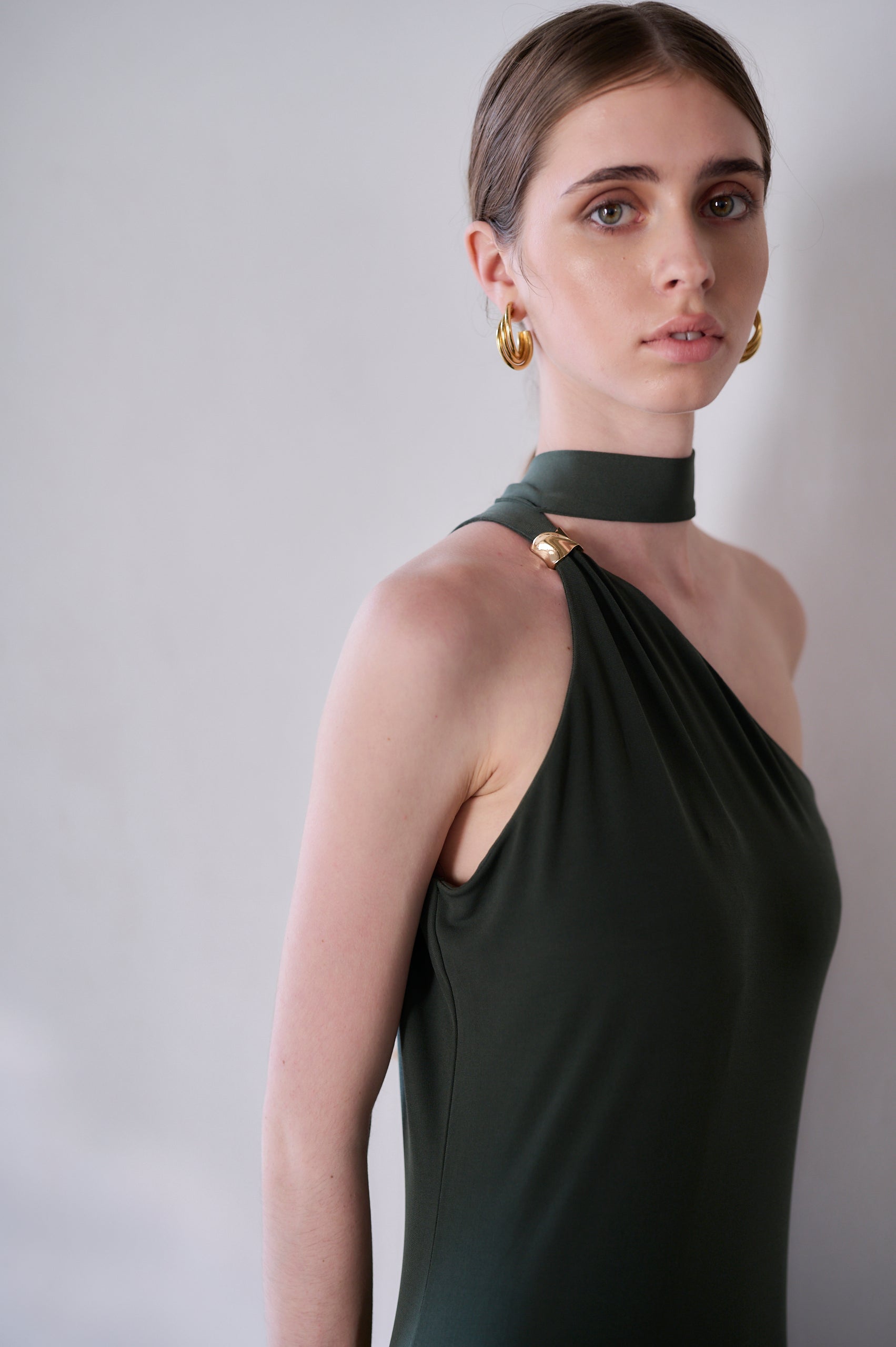 【Michiko Yamawaki×Estella.K】One-shoulder jersey dress <br>-Mauve green-
