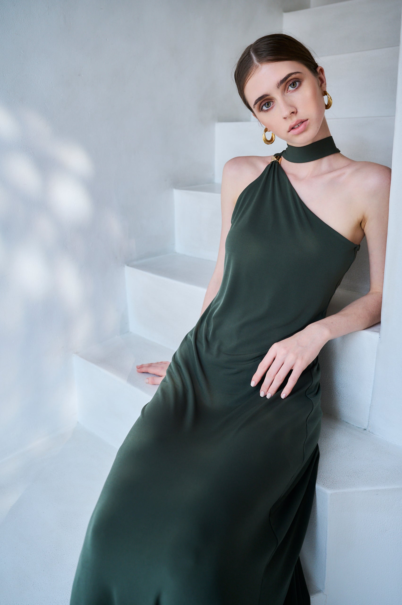 【Michiko Yamawaki×Estella.K】One-shoulder jersey dress <br>-Mauve green-
