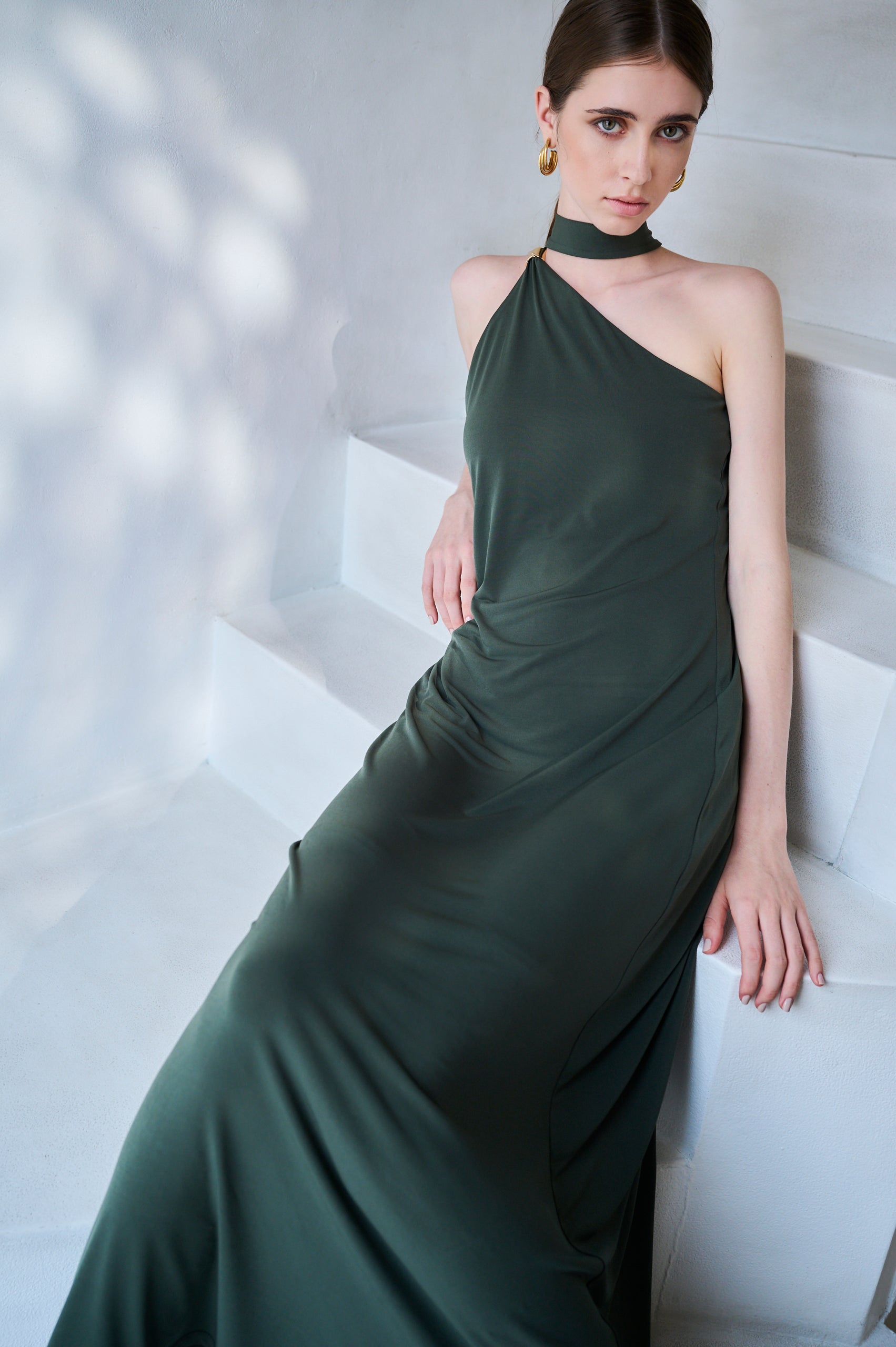 【Michiko Yamawaki×Estella.K】One-shoulder jersey dress <br>-Mauve green-