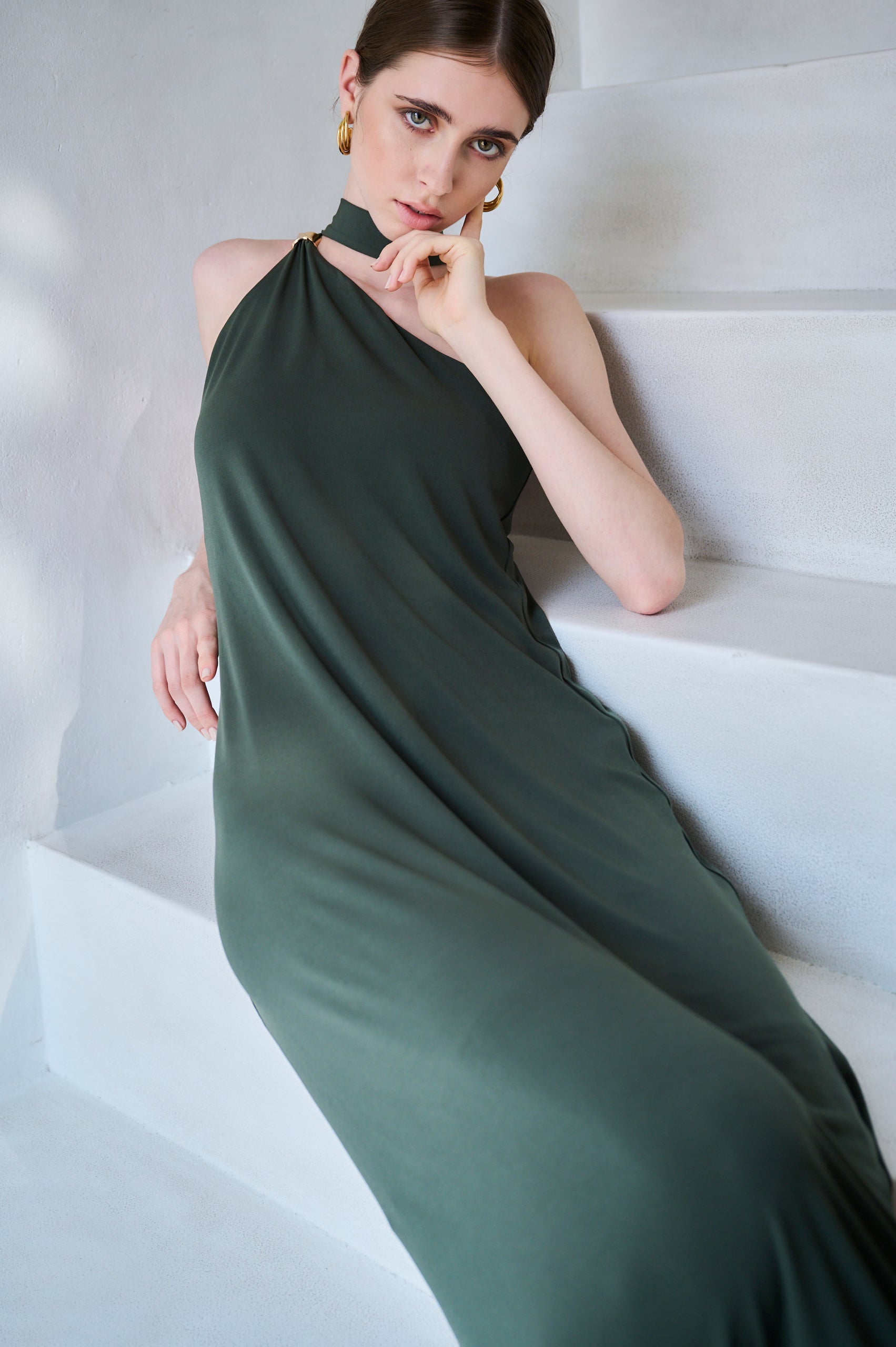 【Michiko Yamawaki×Estella.K】One-shoulder jersey dress <br>-Mauve green-