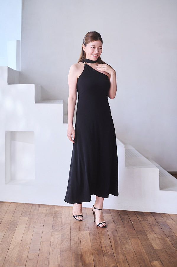 【Michiko Yamawaki×Estella.K】One-shoulder jersey dress <br>-Black-