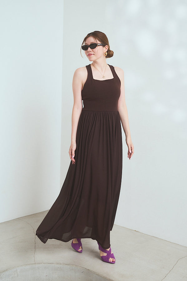【Michiko Yamawaki×Estella.K】Ribbed & Sheer Jersey  Dress <br>-Brown-