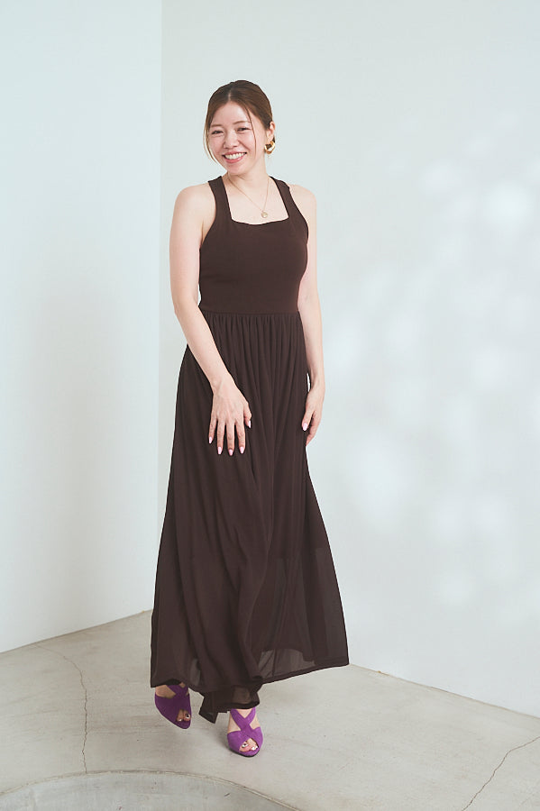 【Michiko Yamawaki×Estella.K】Ribbed & Sheer Jersey  Dress <br>-Brown-