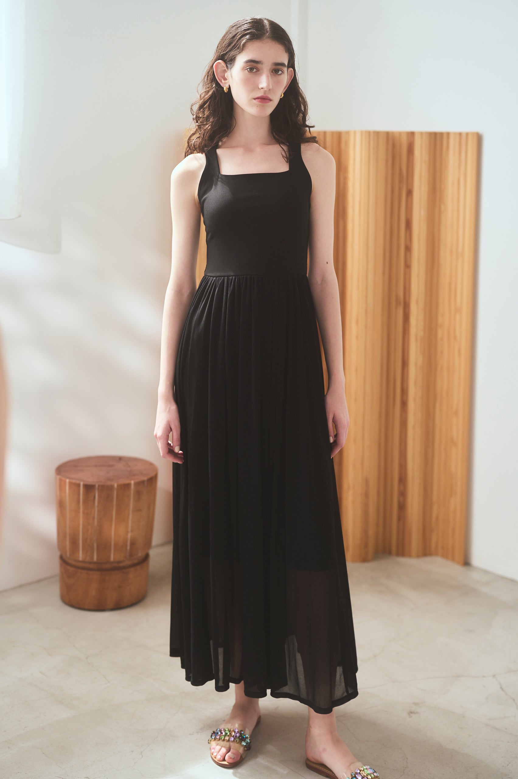 【Michiko Yamawaki×Estella.K】Ribbed & Sheer Jersey  Dress <br>-Black-