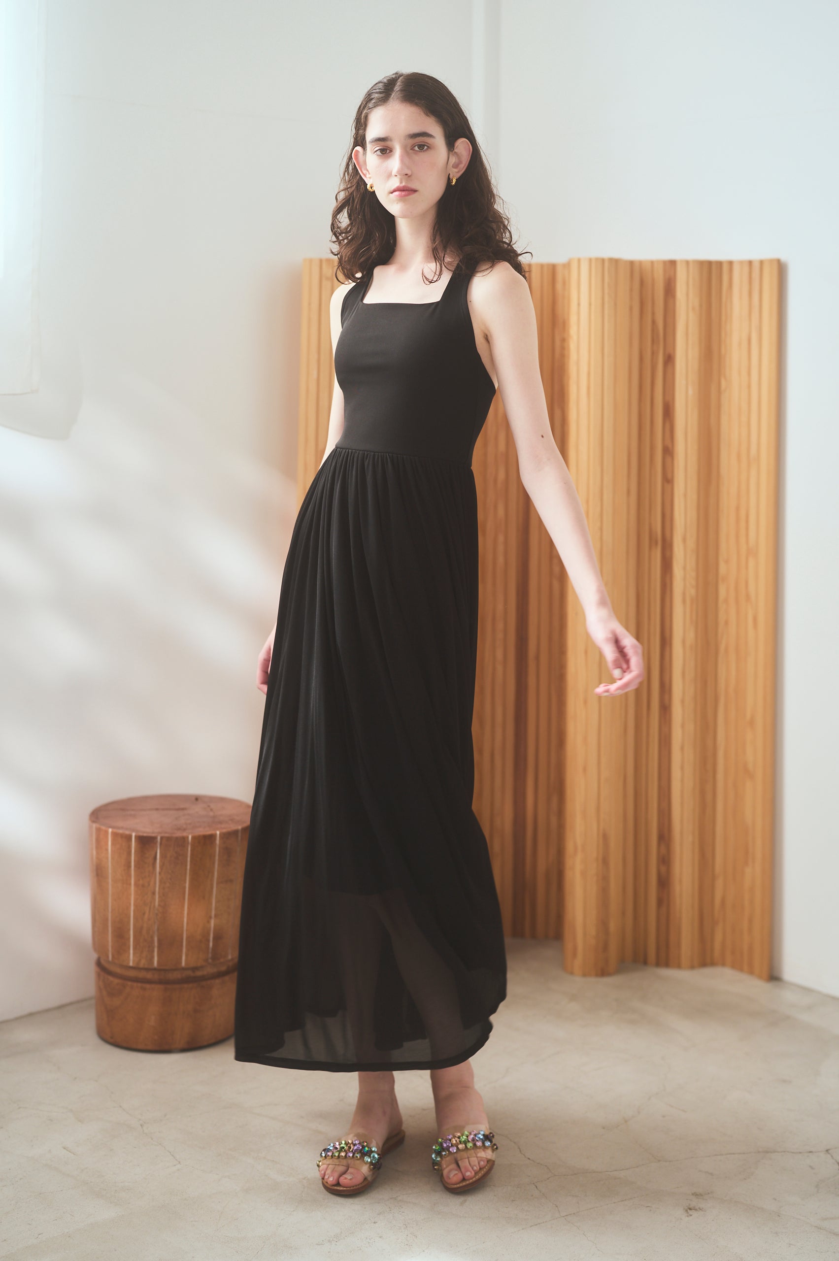 【Michiko Yamawaki×Estella.K】Ribbed & Sheer Jersey  Dress <br>-Black-