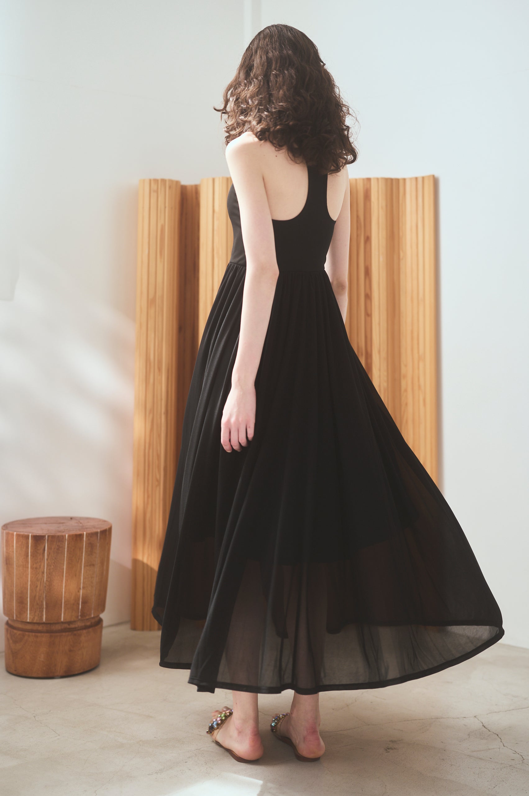 【Michiko Yamawaki×Estella.K】Ribbed & Sheer Jersey  Dress <br>-Black-