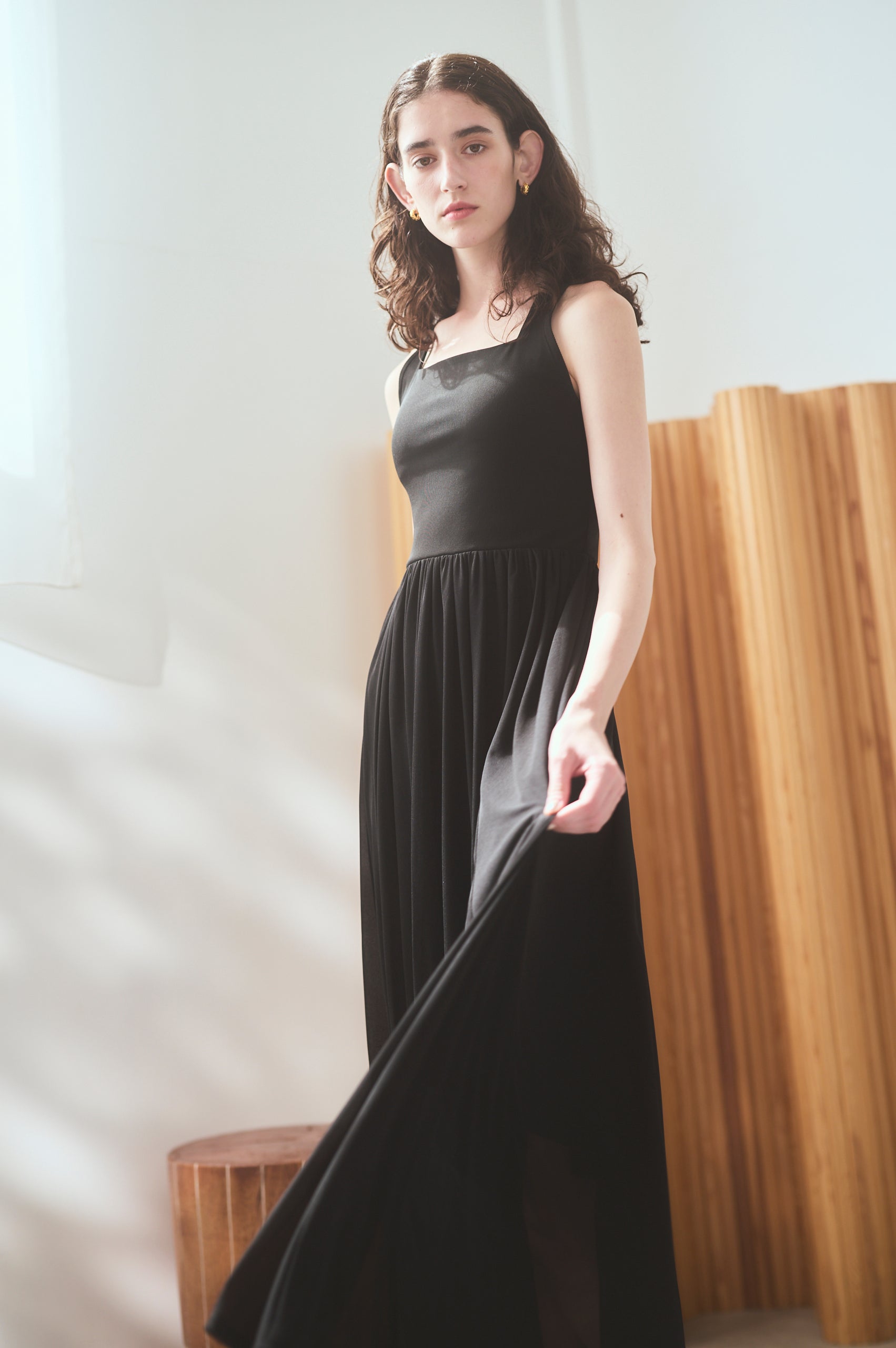 【Michiko Yamawaki×Estella.K】Ribbed & Sheer Jersey  Dress <br>-Black-