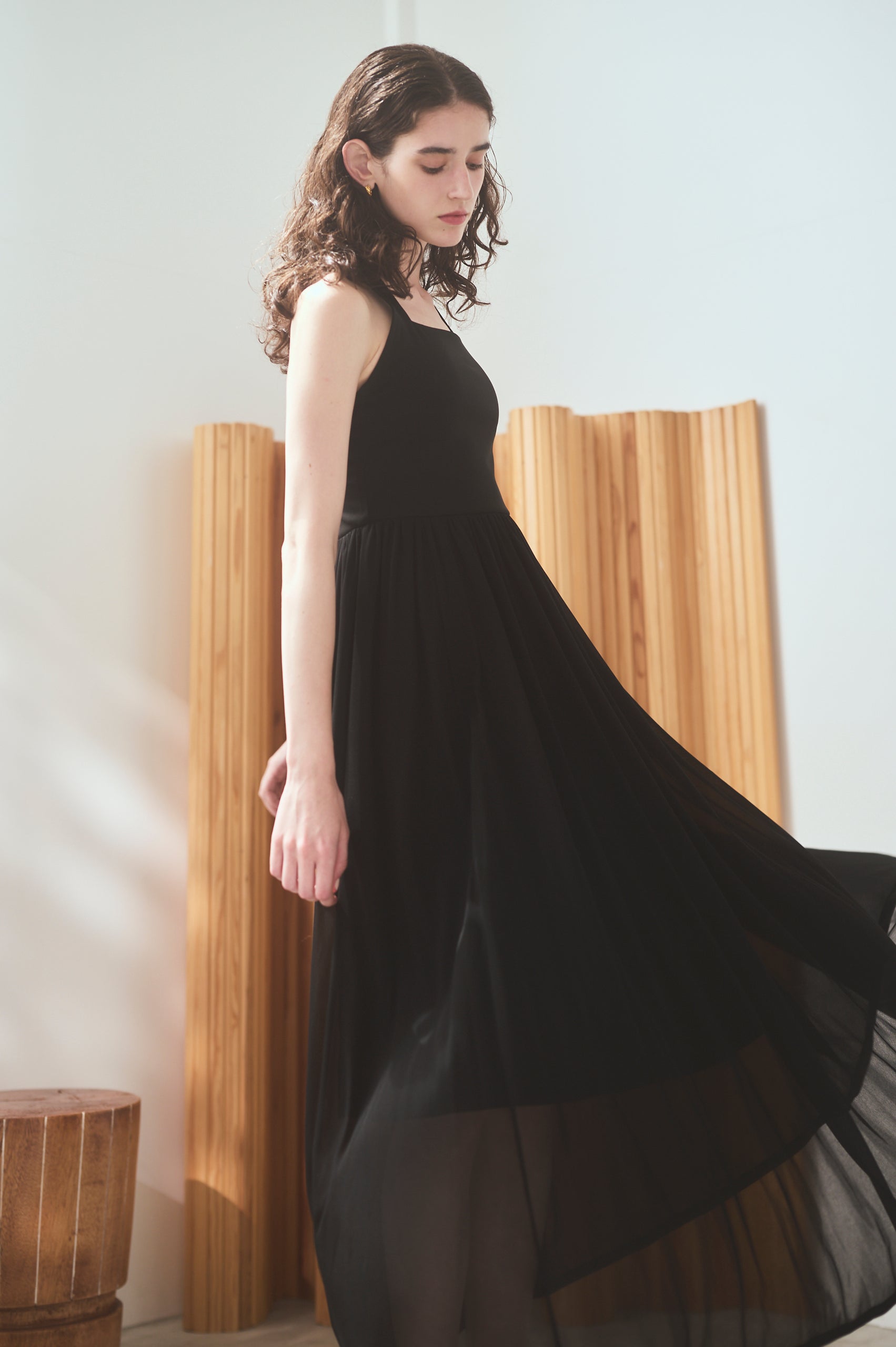 【Michiko Yamawaki×Estella.K】Ribbed & Sheer Jersey  Dress <br>-Black-