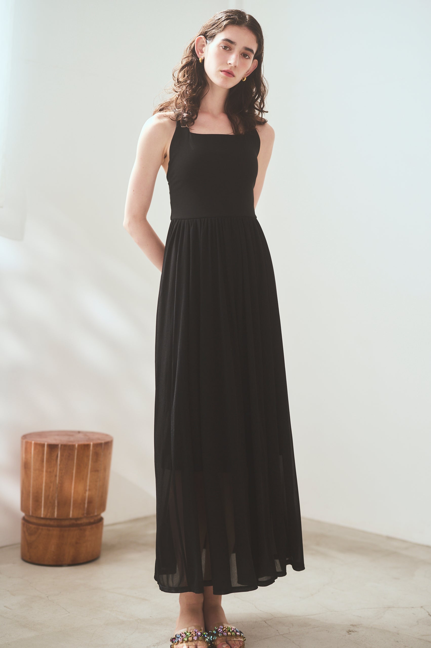 【Michiko Yamawaki×Estella.K】Ribbed & Sheer Jersey  Dress <br>-Black-