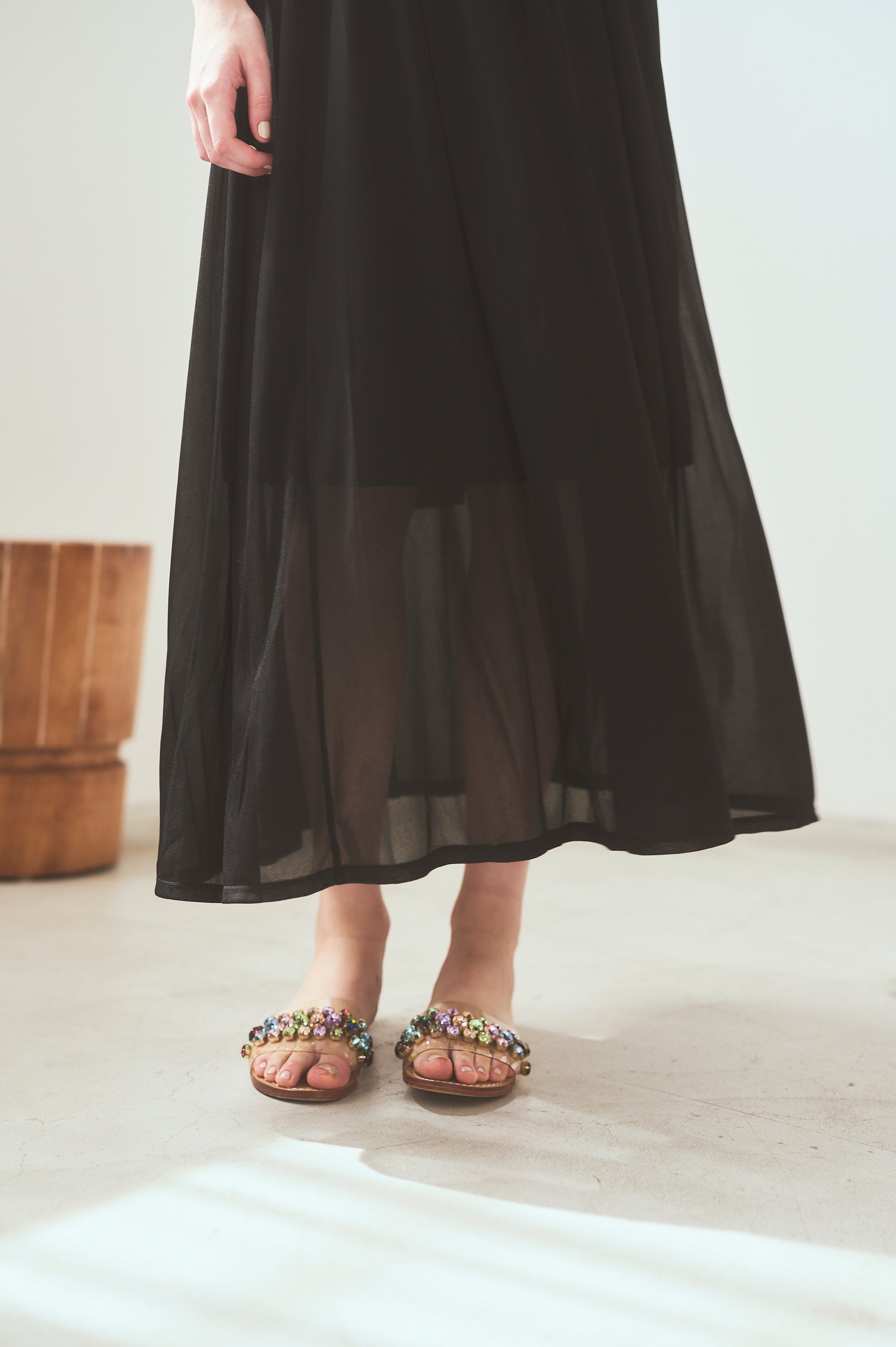 【Michiko Yamawaki×Estella.K】Ribbed & Sheer Jersey  Dress <br>-Black-