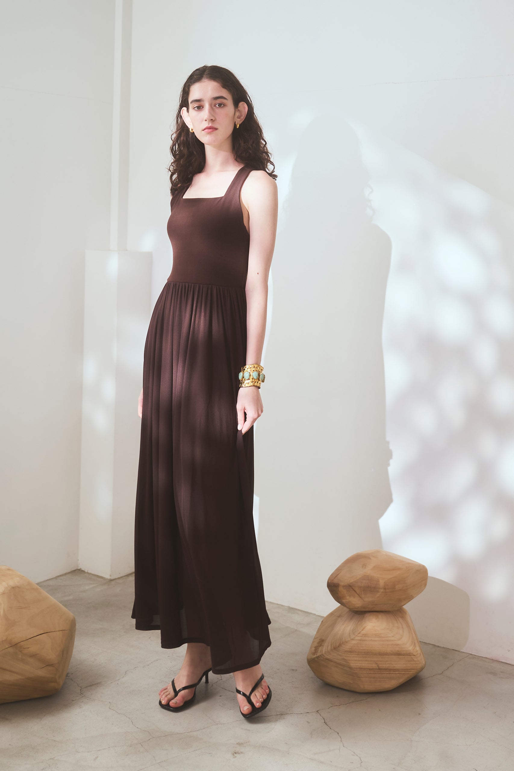 【Michiko Yamawaki×Estella.K】Ribbed & Sheer Jersey  Dress <br>-Brown-