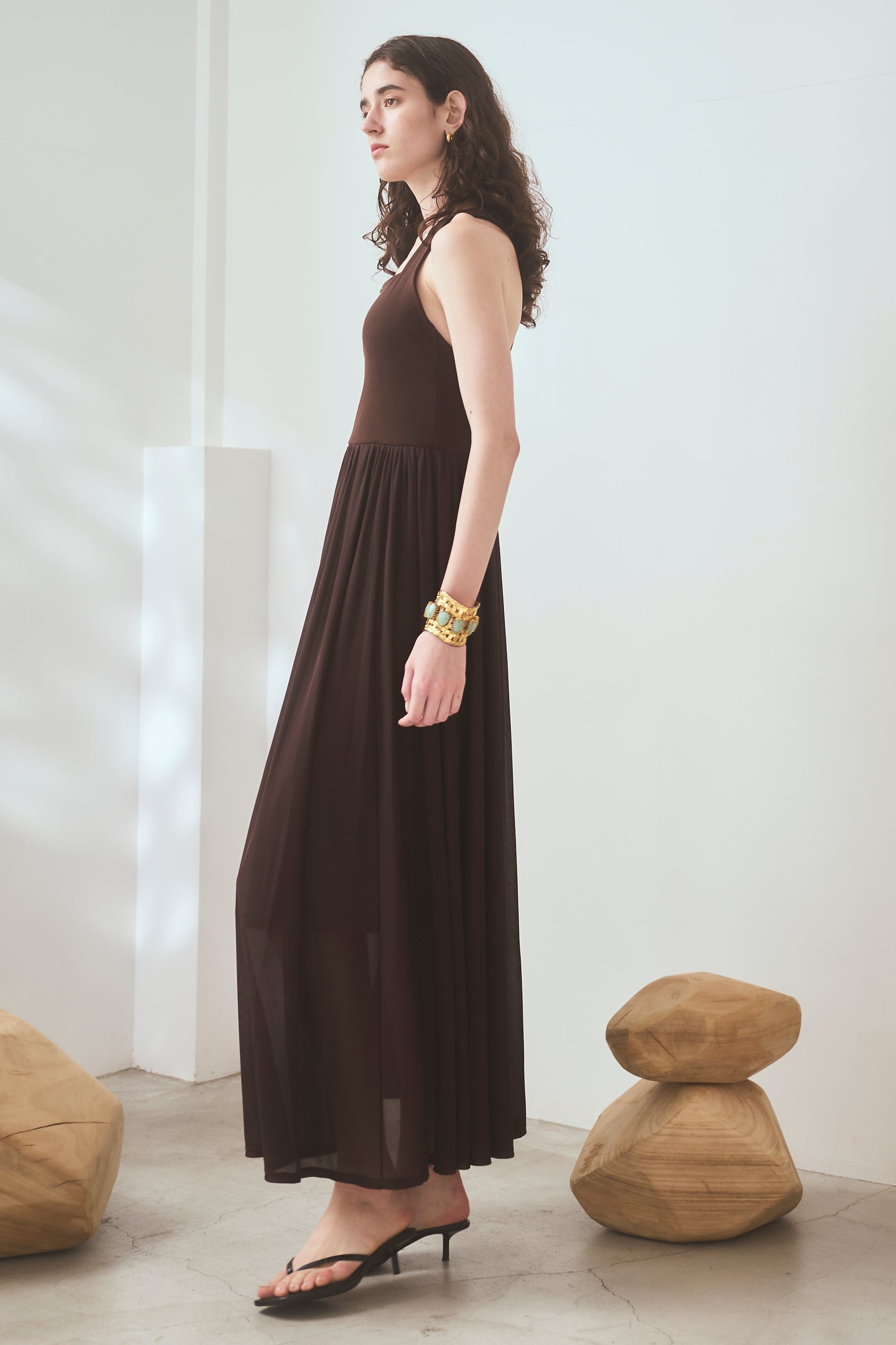 【Michiko Yamawaki×Estella.K】Ribbed & Sheer Jersey  Dress <br>-Brown-