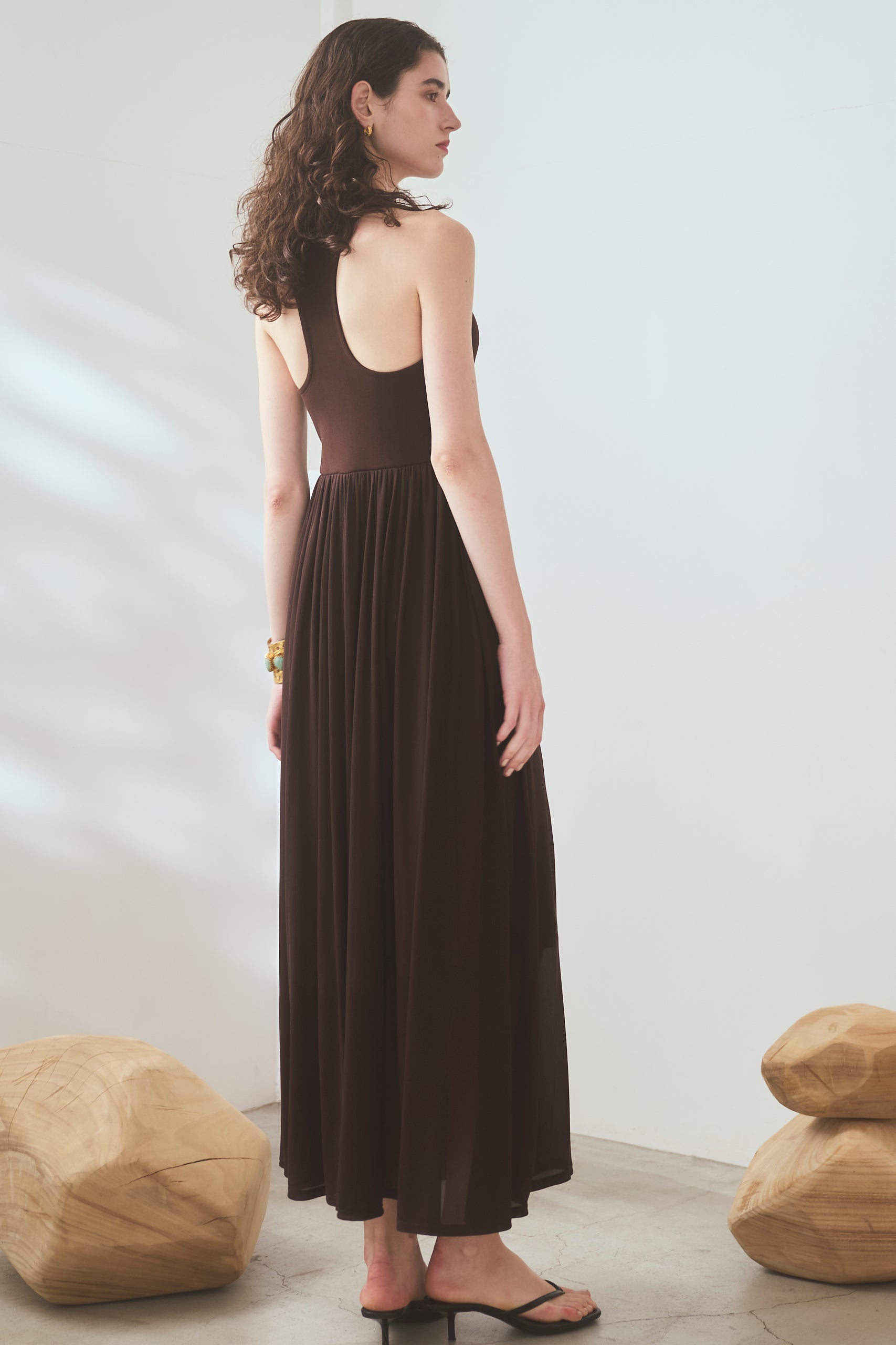 【Michiko Yamawaki×Estella.K】Ribbed & Sheer Jersey  Dress <br>-Brown-