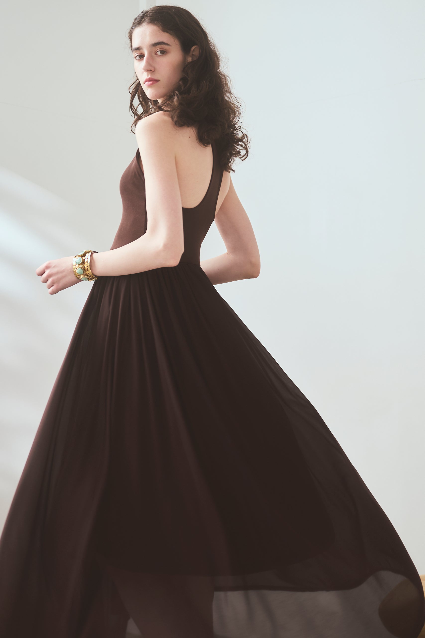 【Michiko Yamawaki×Estella.K】Ribbed & Sheer Jersey  Dress <br>-Brown-