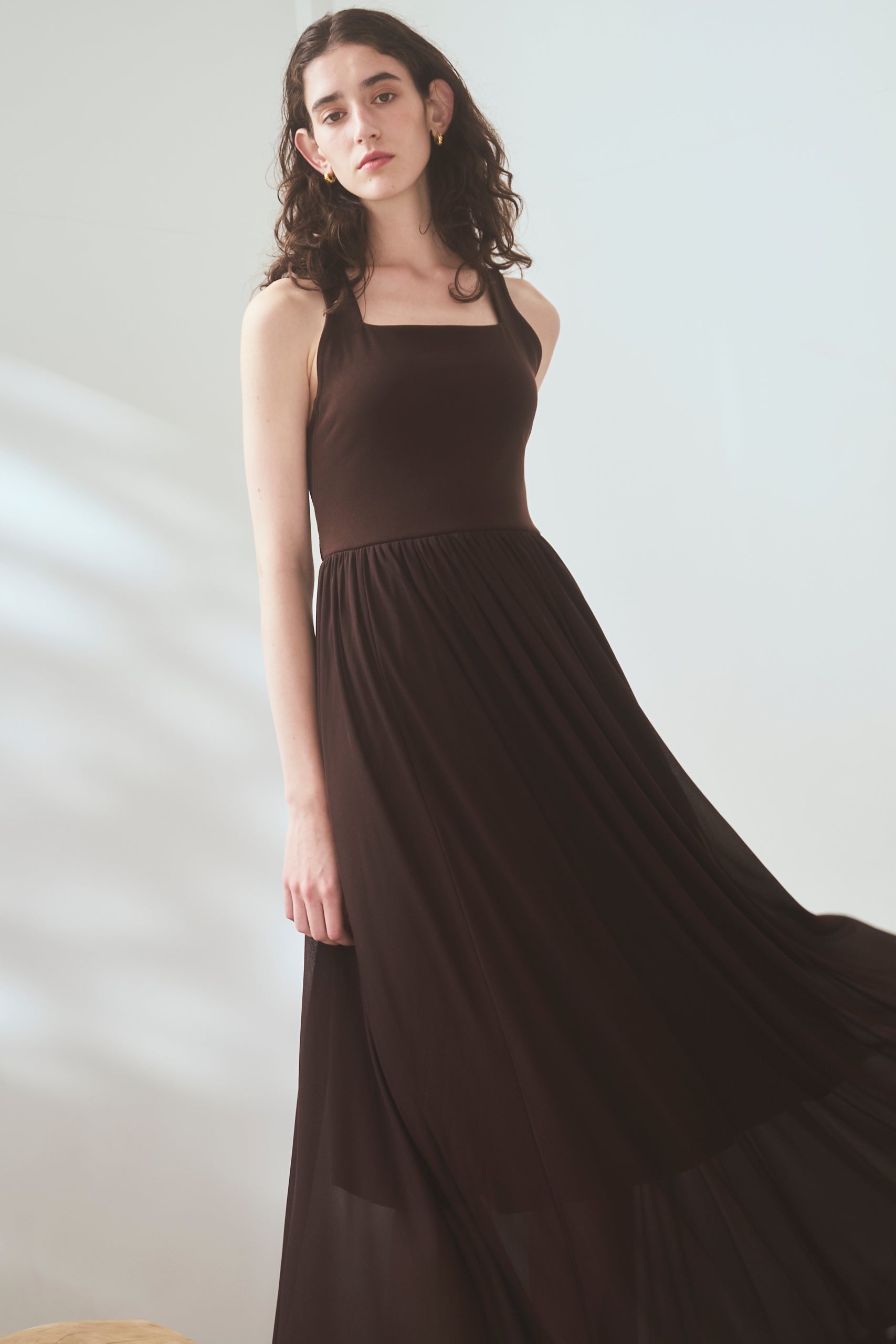 【Michiko Yamawaki×Estella.K】Ribbed & Sheer Jersey  Dress <br>-Brown-