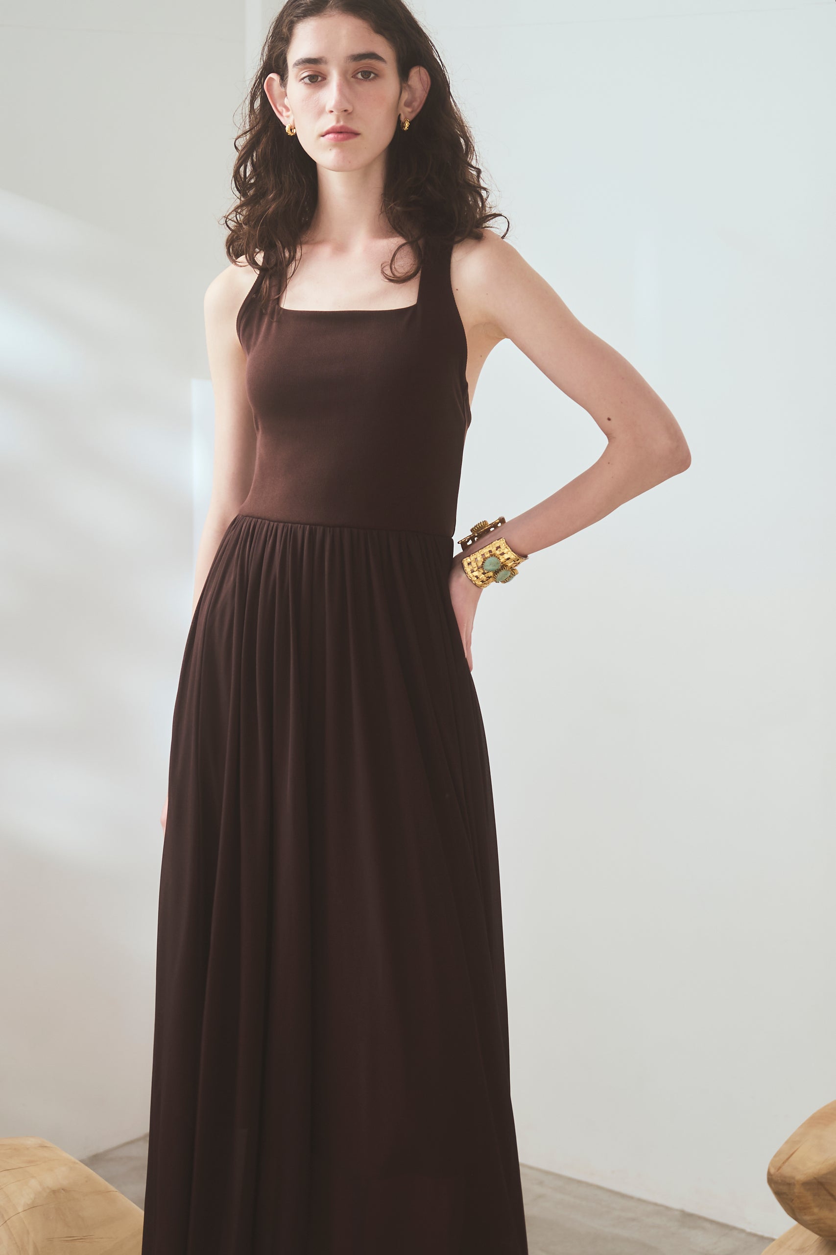 【Michiko Yamawaki×Estella.K】Ribbed & Sheer Jersey  Dress <br>-Brown-