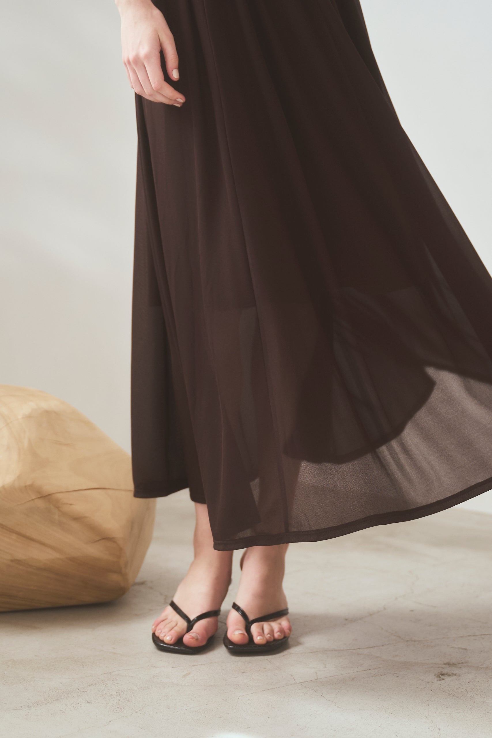 【Michiko Yamawaki×Estella.K】Ribbed & Sheer Jersey  Dress <br>-Brown-
