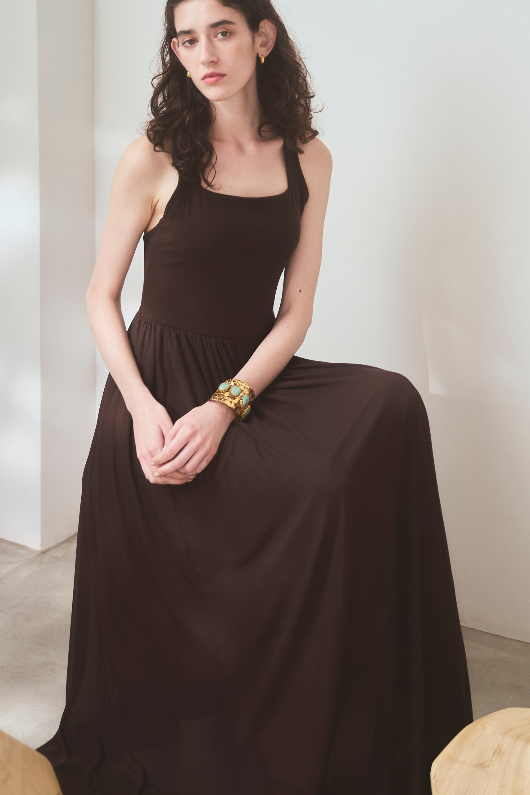 【Michiko Yamawaki×Estella.K】Ribbed & Sheer Jersey  Dress <br>-Brown-