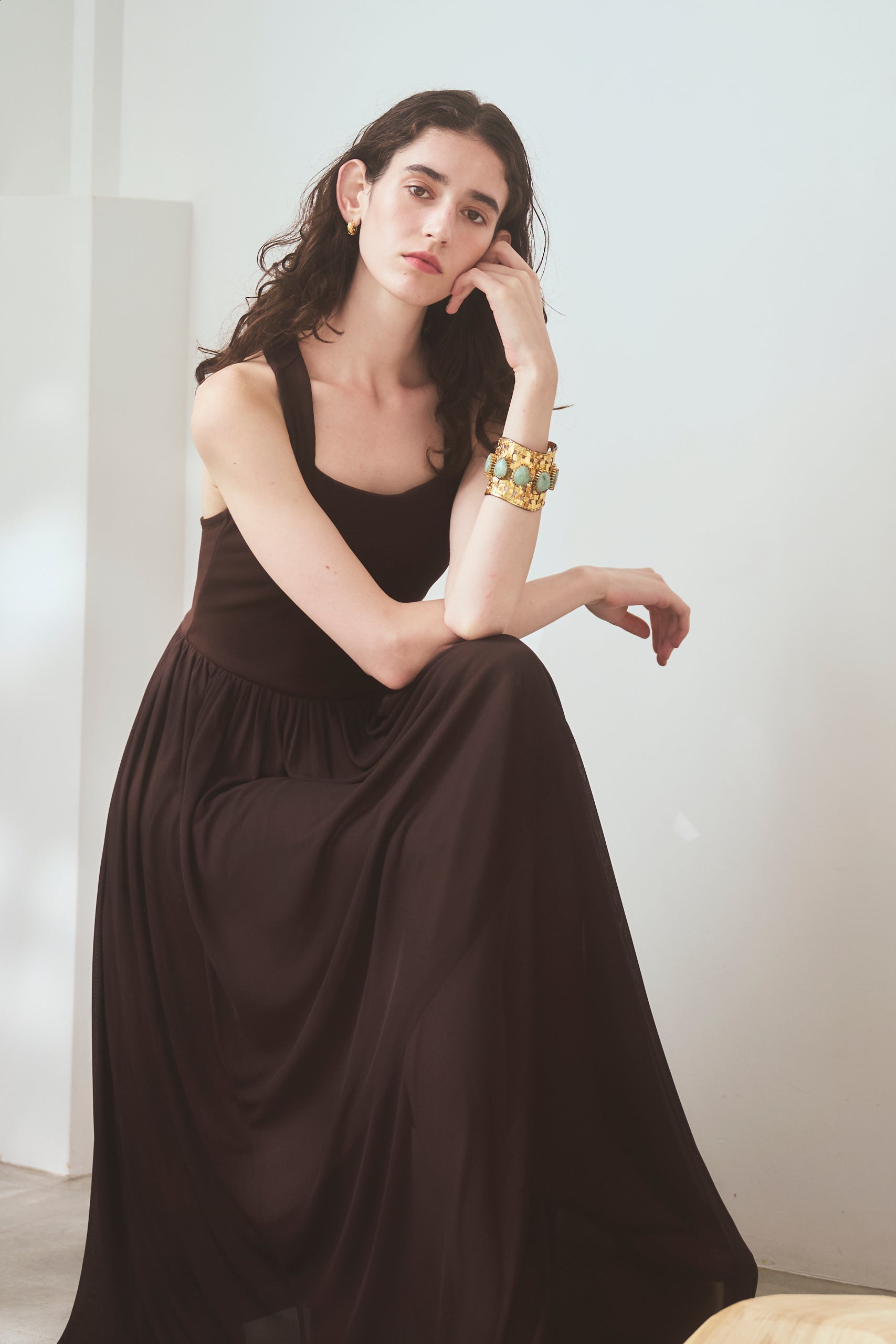 【Michiko Yamawaki×Estella.K】Ribbed & Sheer Jersey  Dress <br>-Brown-