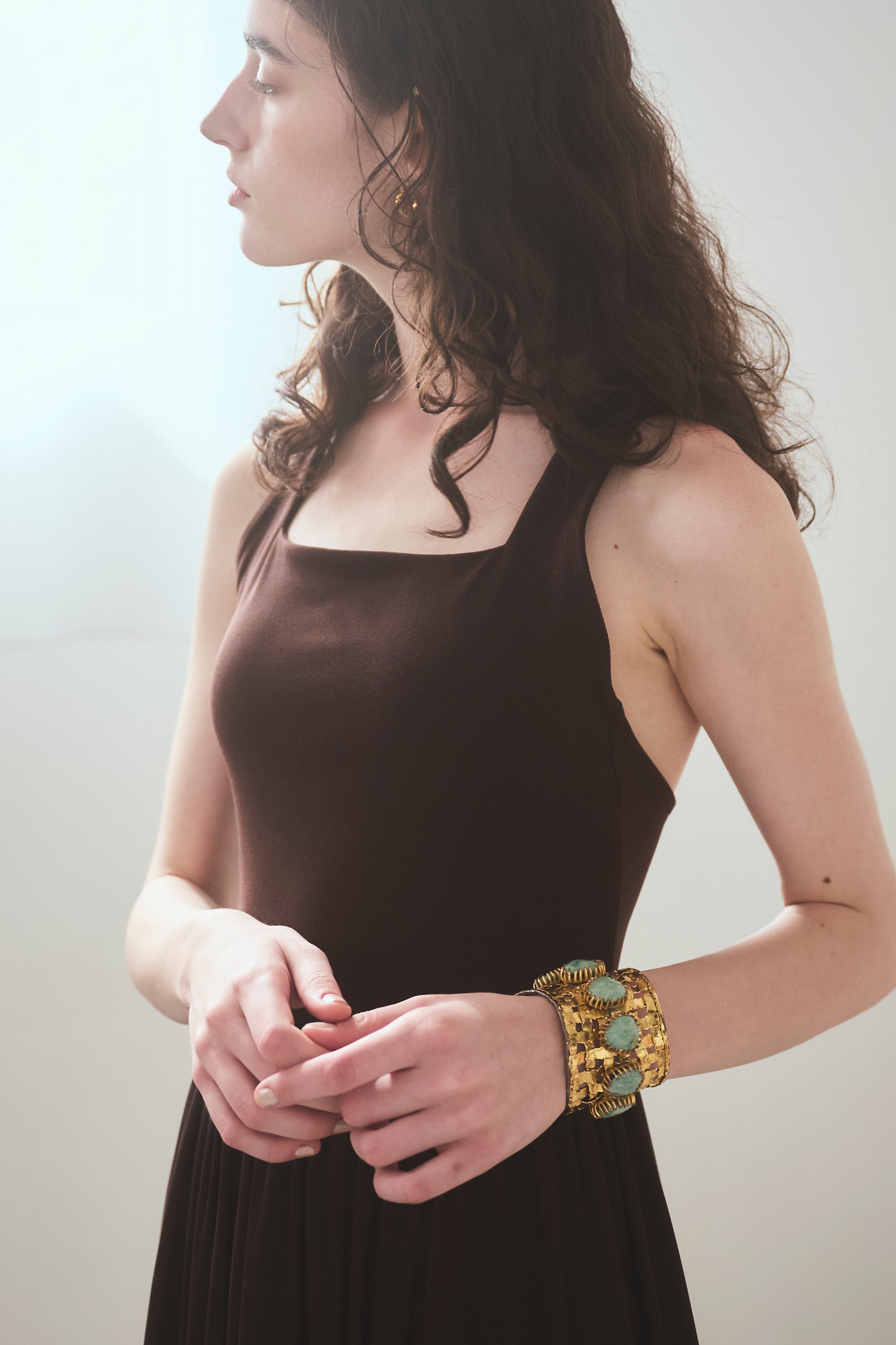 【Michiko Yamawaki×Estella.K】Ribbed & Sheer Jersey  Dress <br>-Brown-