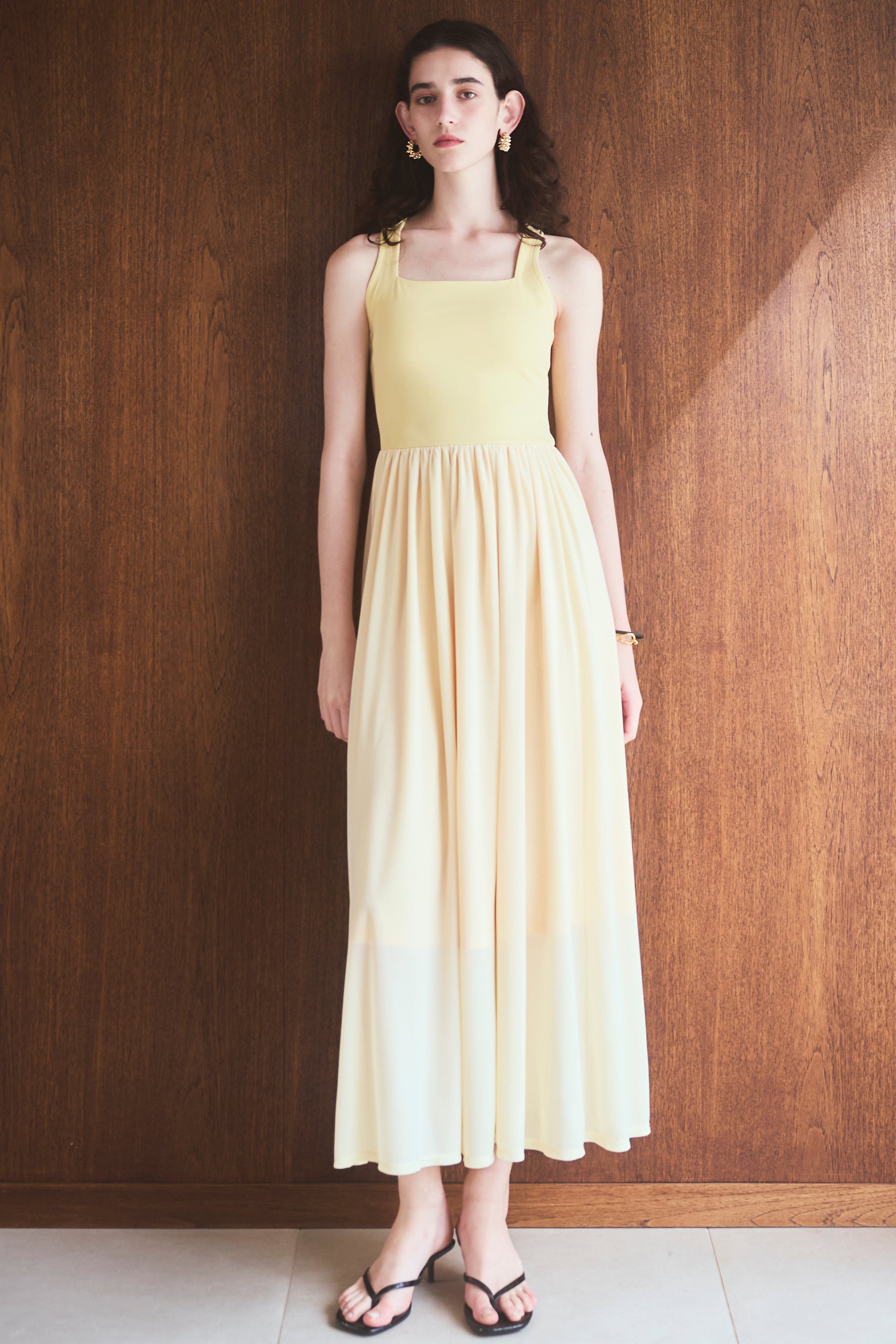【Michiko Yamawaki×Estella.K】Ribbed & Sheer Jersey  Dress <br>-Yellow-