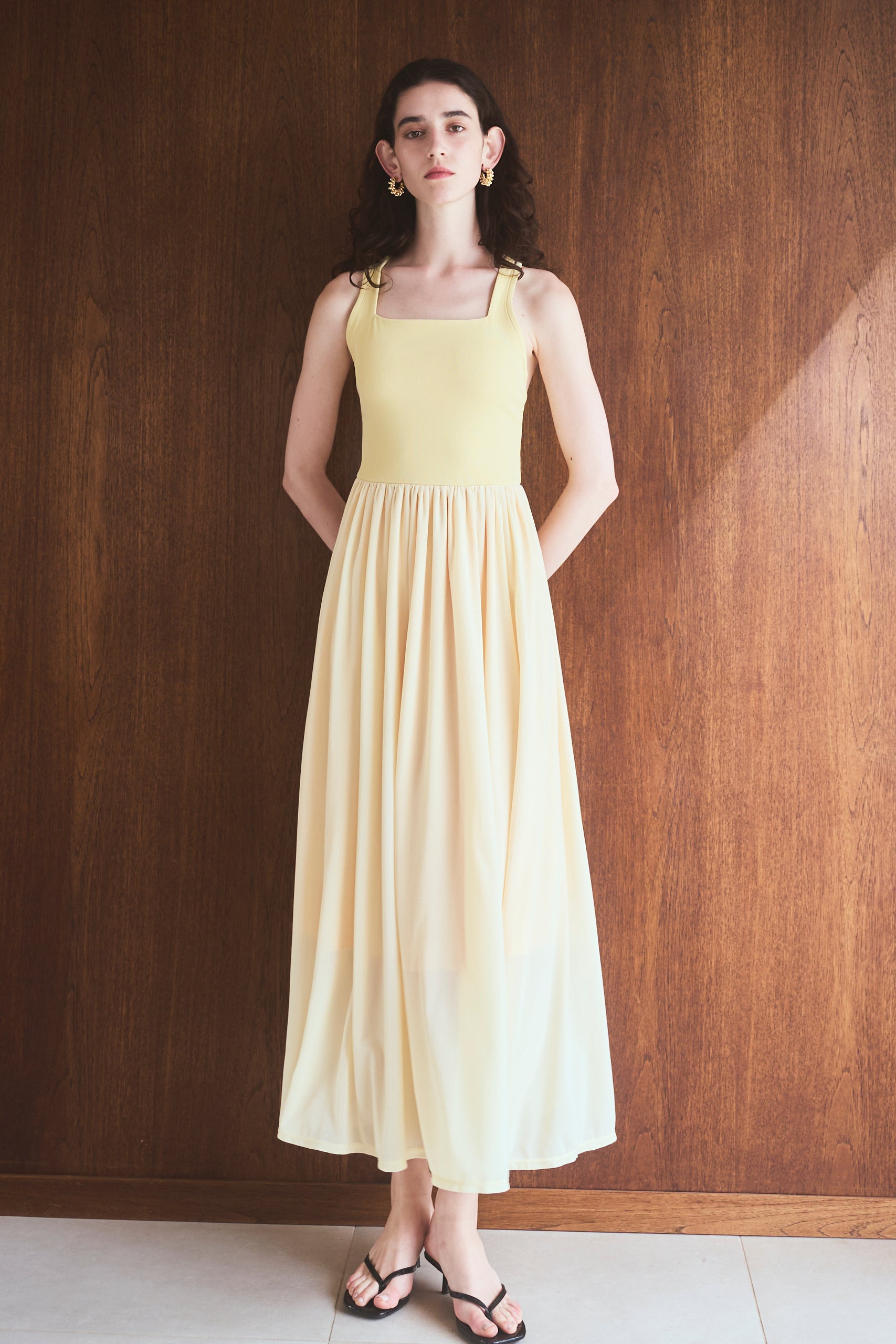 【Michiko Yamawaki×Estella.K】Ribbed & Sheer Jersey  Dress <br>-Yellow-