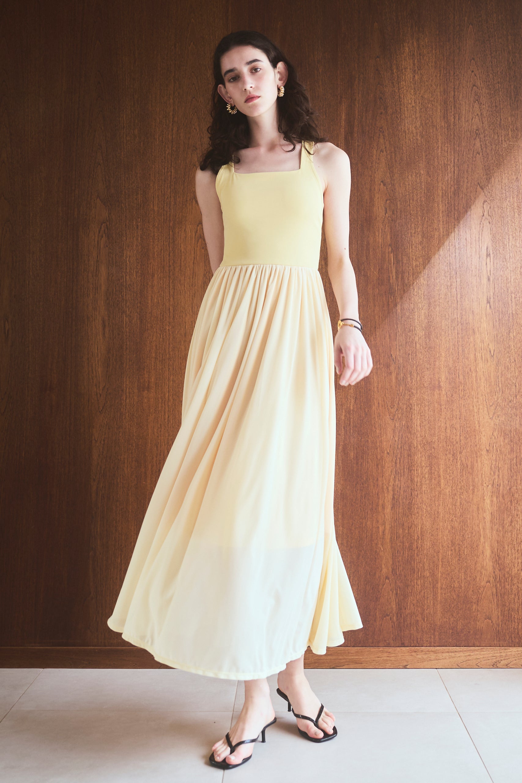 【Michiko Yamawaki×Estella.K】Ribbed & Sheer Jersey  Dress <br>-Yellow-