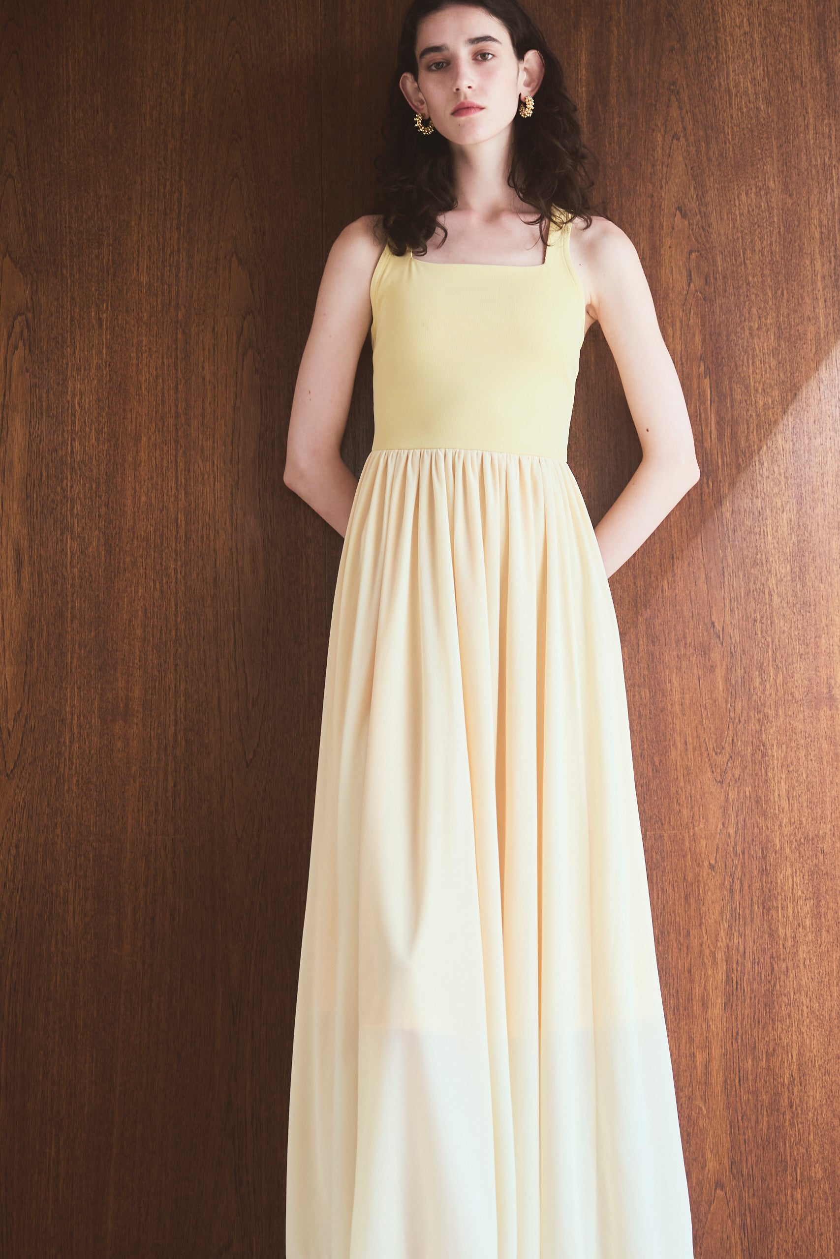 【Michiko Yamawaki×Estella.K】Ribbed & Sheer Jersey  Dress <br>-Yellow-