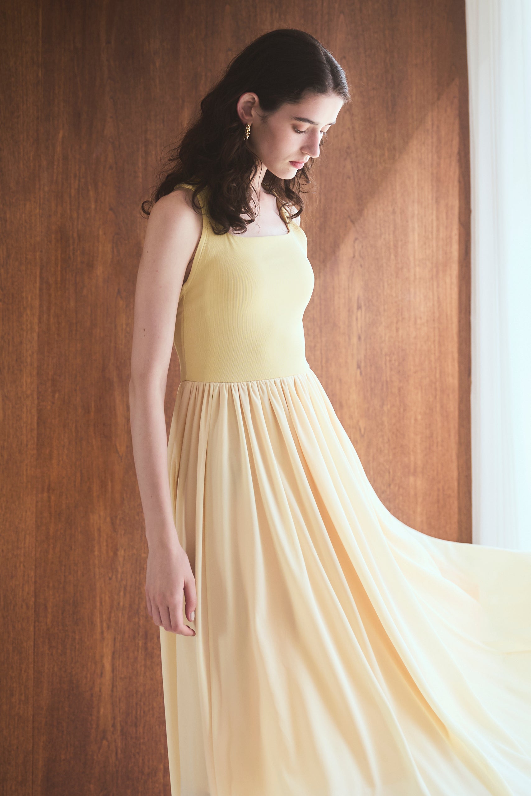 【Michiko Yamawaki×Estella.K】Ribbed & Sheer Jersey  Dress <br>-Yellow-