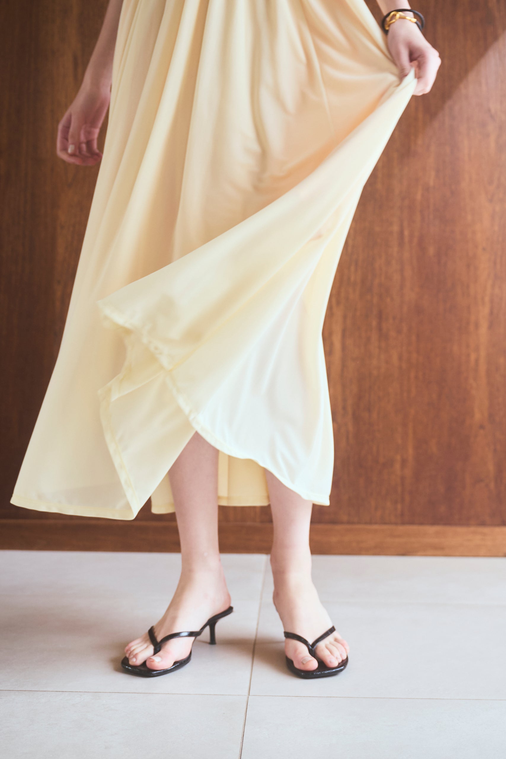 【Michiko Yamawaki×Estella.K】Ribbed & Sheer Jersey  Dress <br>-Yellow-