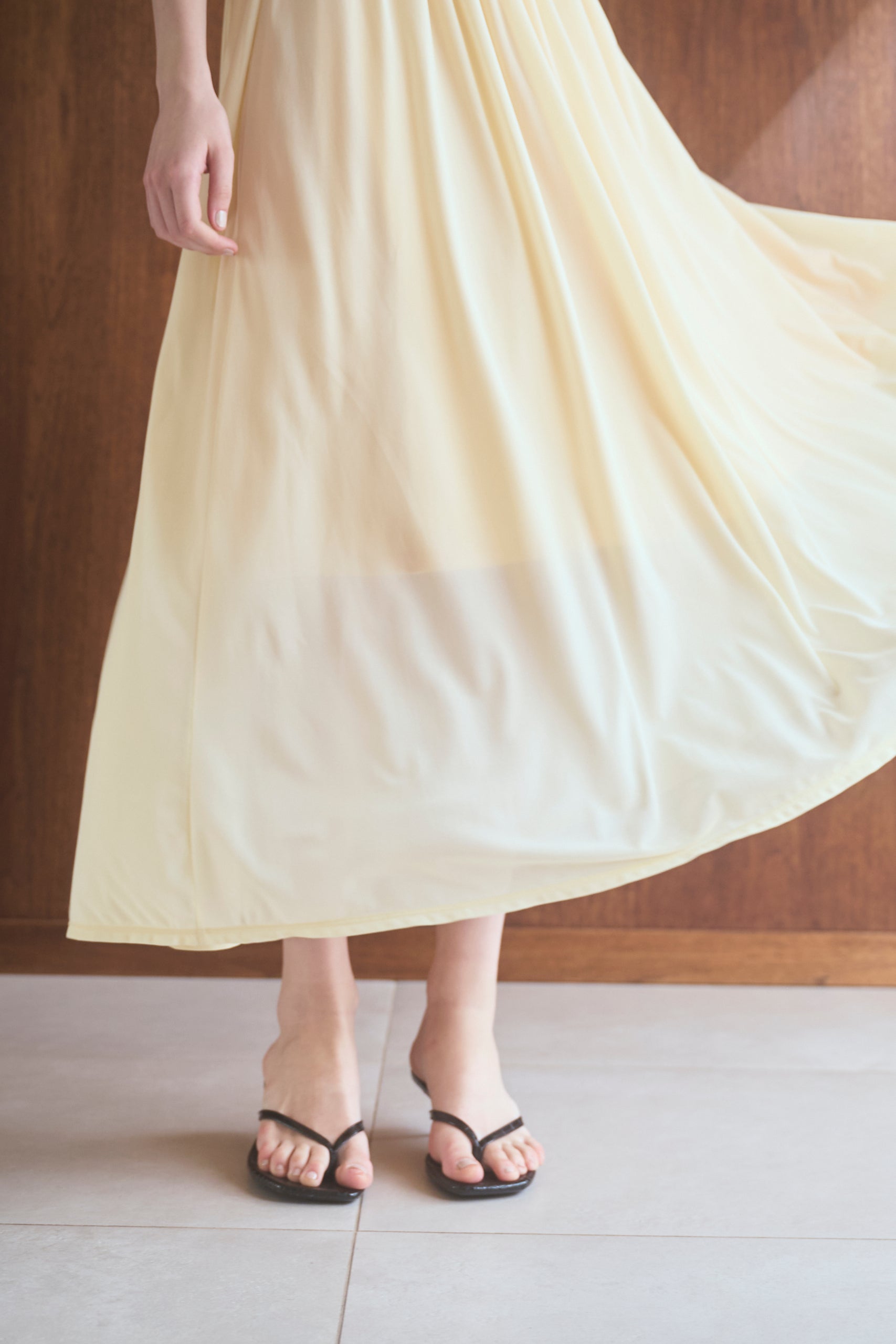 【Michiko Yamawaki×Estella.K】Ribbed & Sheer Jersey  Dress <br>-Yellow-