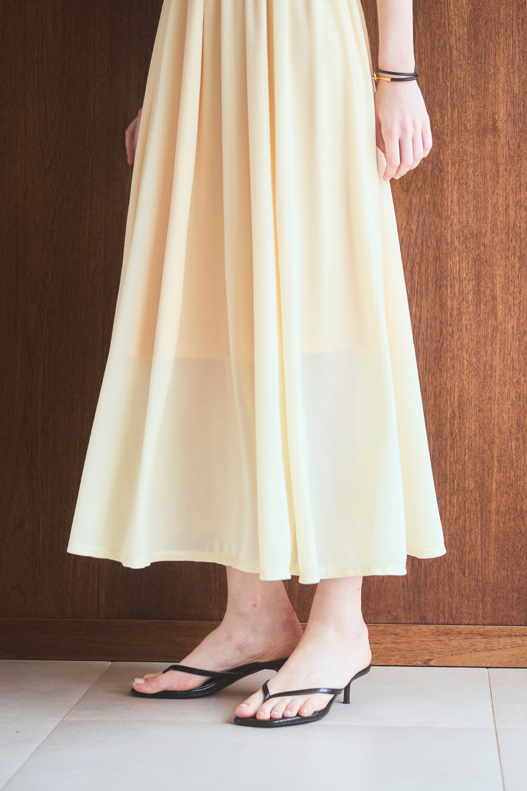 【Michiko Yamawaki×Estella.K】Ribbed & Sheer Jersey  Dress <br>-Yellow-